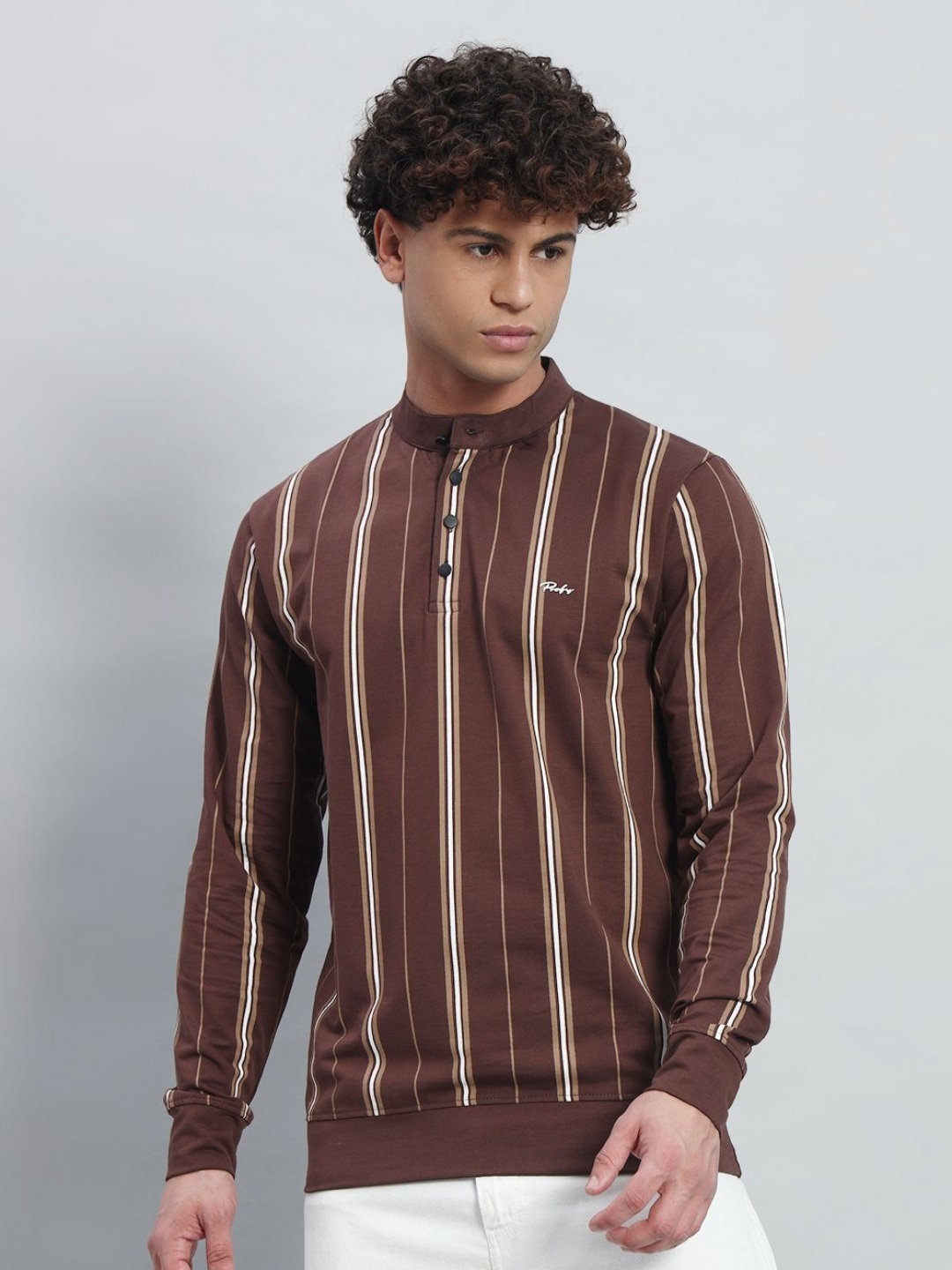 

PROFY Men Striped Henley Neck Pockets T-shirt, Coffee brown