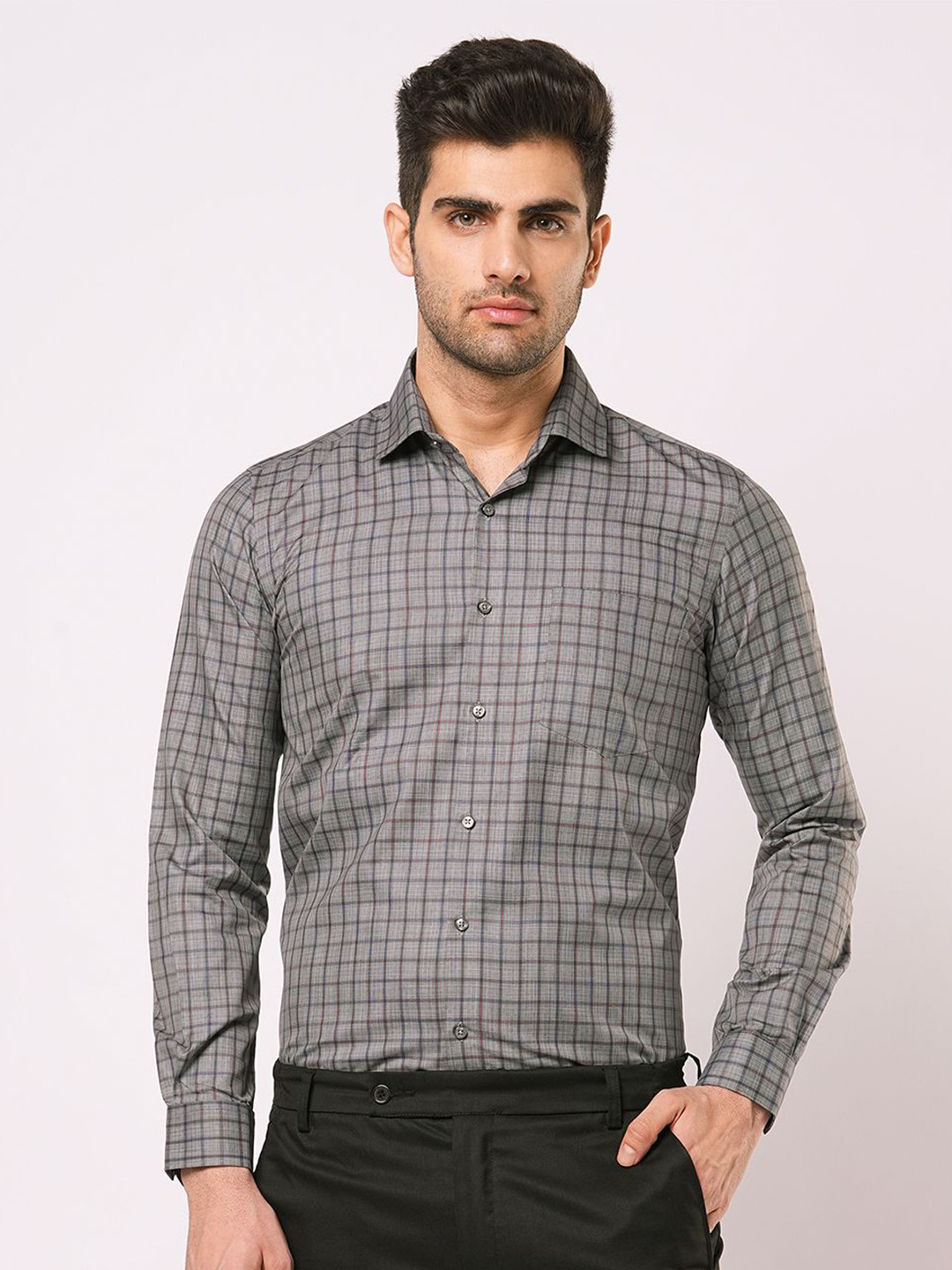 

John Philips Men Slim Fit Opaque Checked Casual Shirt, Grey