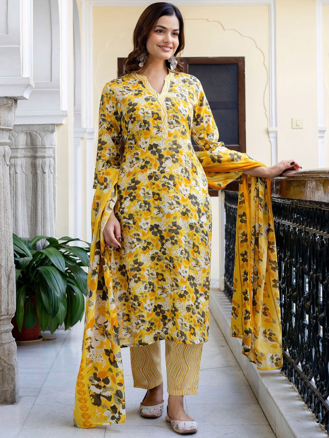 

Indo Era Floral Printed Mandarin Collar Pure Cotton Kurta With Trousers & Dupatta, Yellow