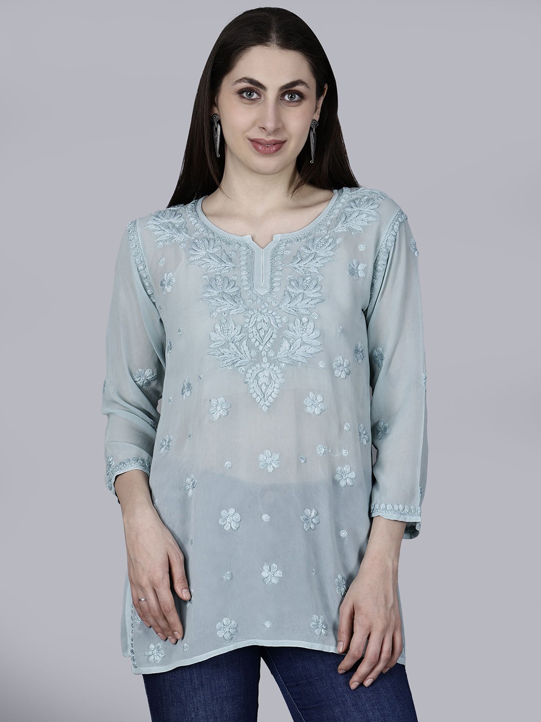 

NAZAQAT ETHNIC INDIA Ethnic Motifs Chikankari Embroidered Notch Neck Georgette Kurti, Sea green