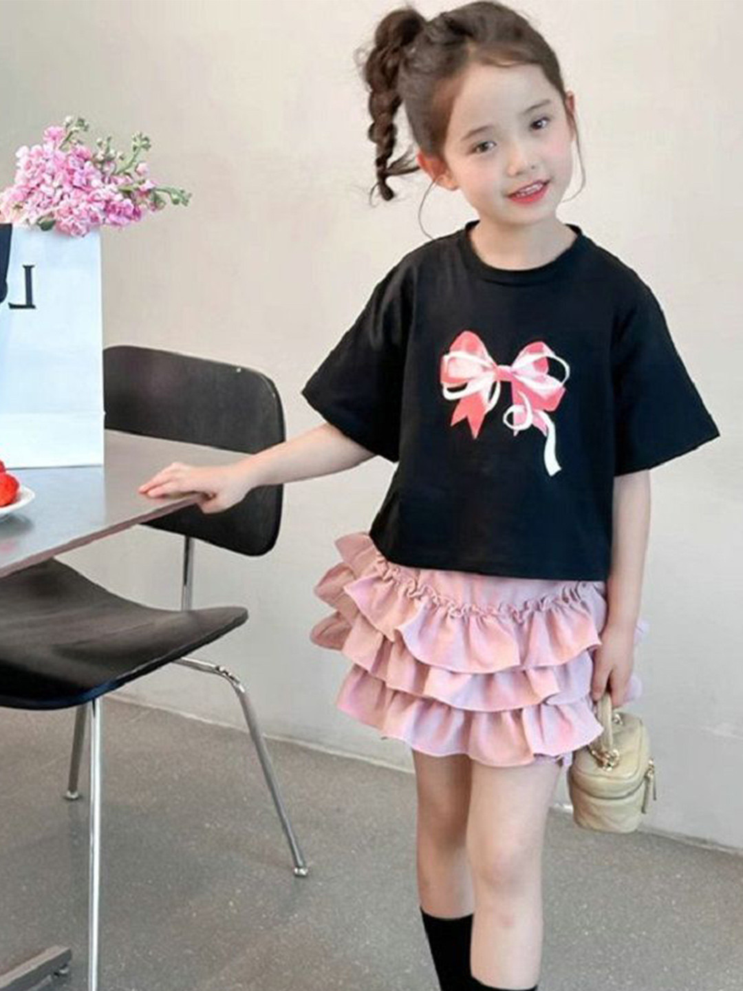 

StyleCast x Revolte Girls Printed Round Neck Pure Cotton Top With Skirt, Black