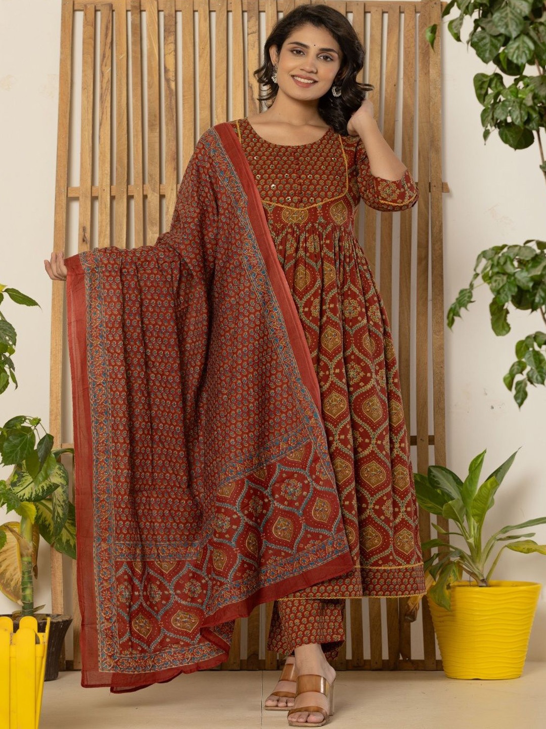 

NUNCHII Ethnic Motifs Printed Pure Cotton Anarkali Kurta With Trousers & Dupatta, Red