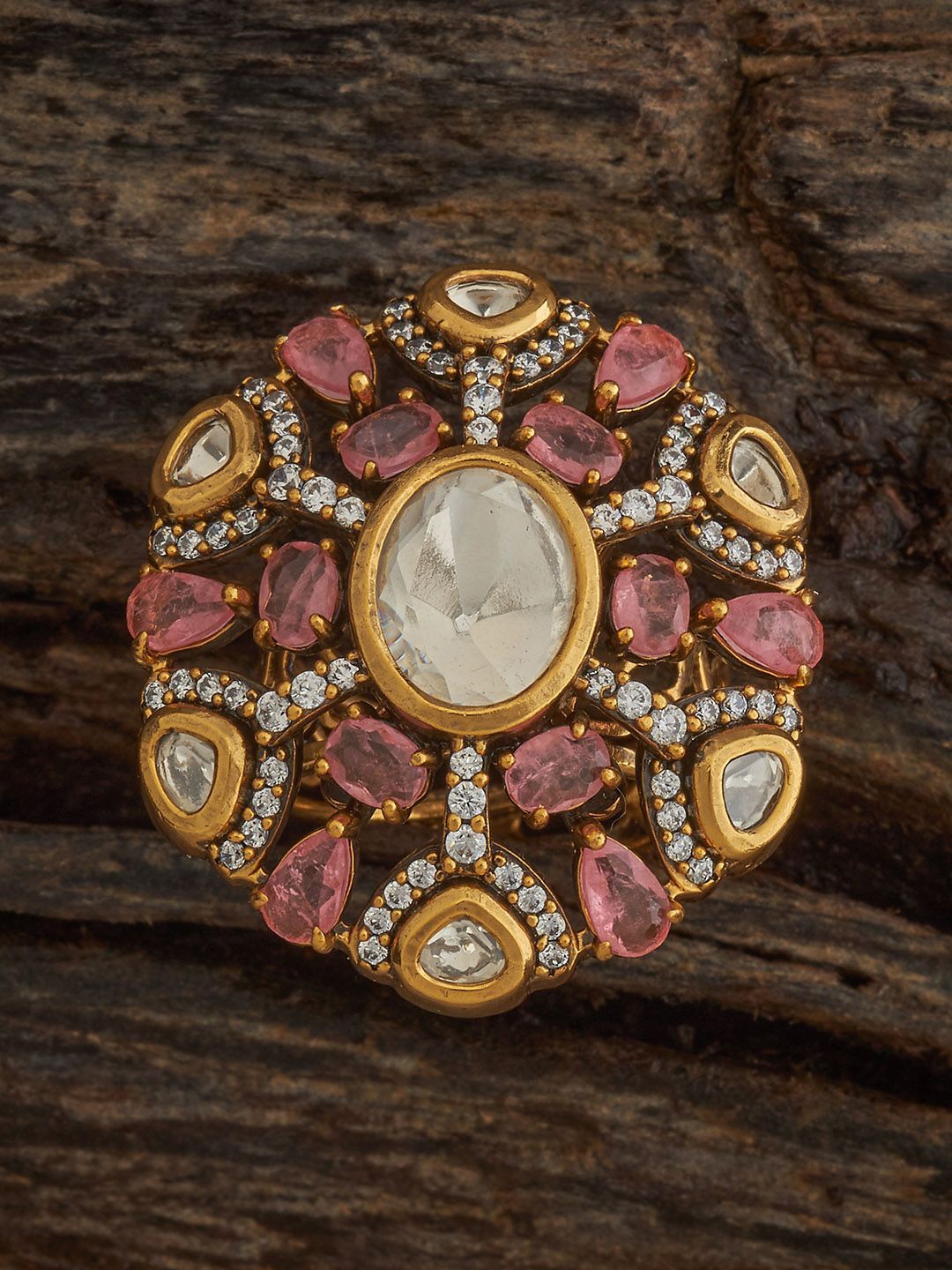 

Kushal's Fashion Jewellery Pink Victorian-Plated Ethnic Kundan Finger Ring, Gold