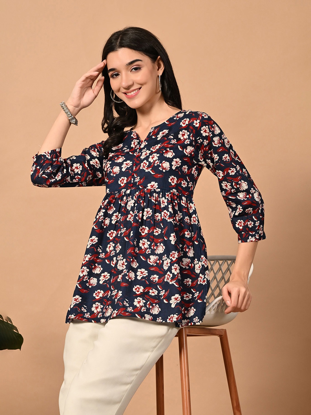 

Aktasa Women Empire Floral Print Top Three-Quarter Sleeves Mandarin Collar Cotton Top, Navy blue