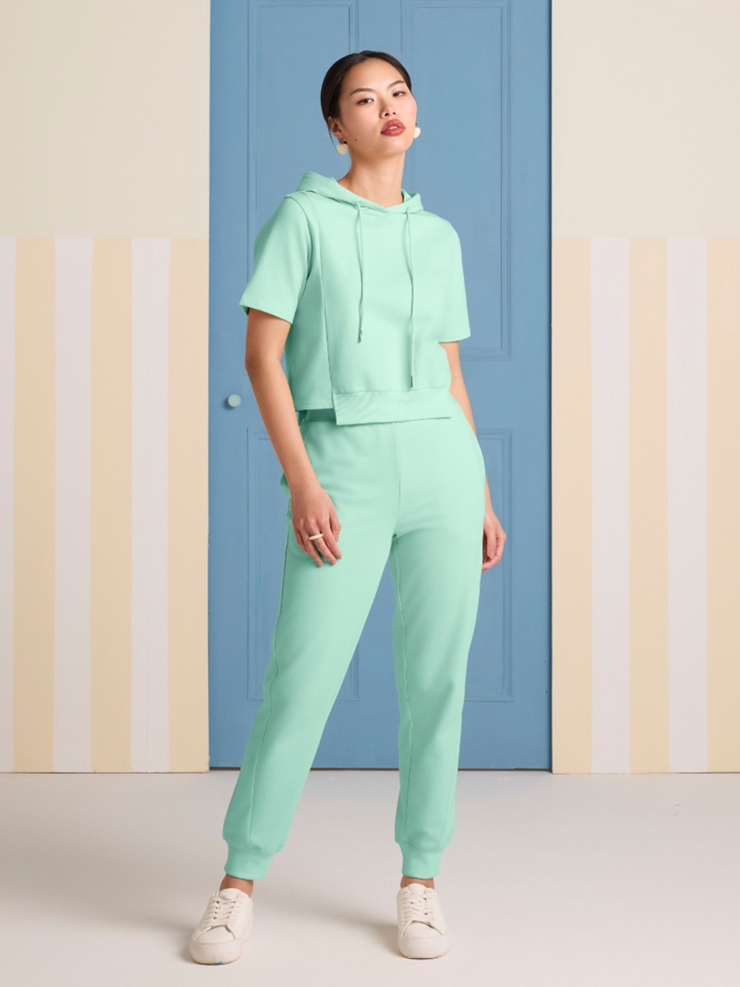 

Muvazo Hooded Neck Top With Trousers Co-Ords, Teal