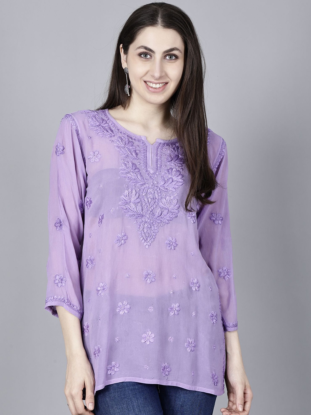 

NAZAQAT ETHNIC INDIA Women Geometric Embroidered Chikankari Summer Sheers Handloom Georgette Kurta, Purple