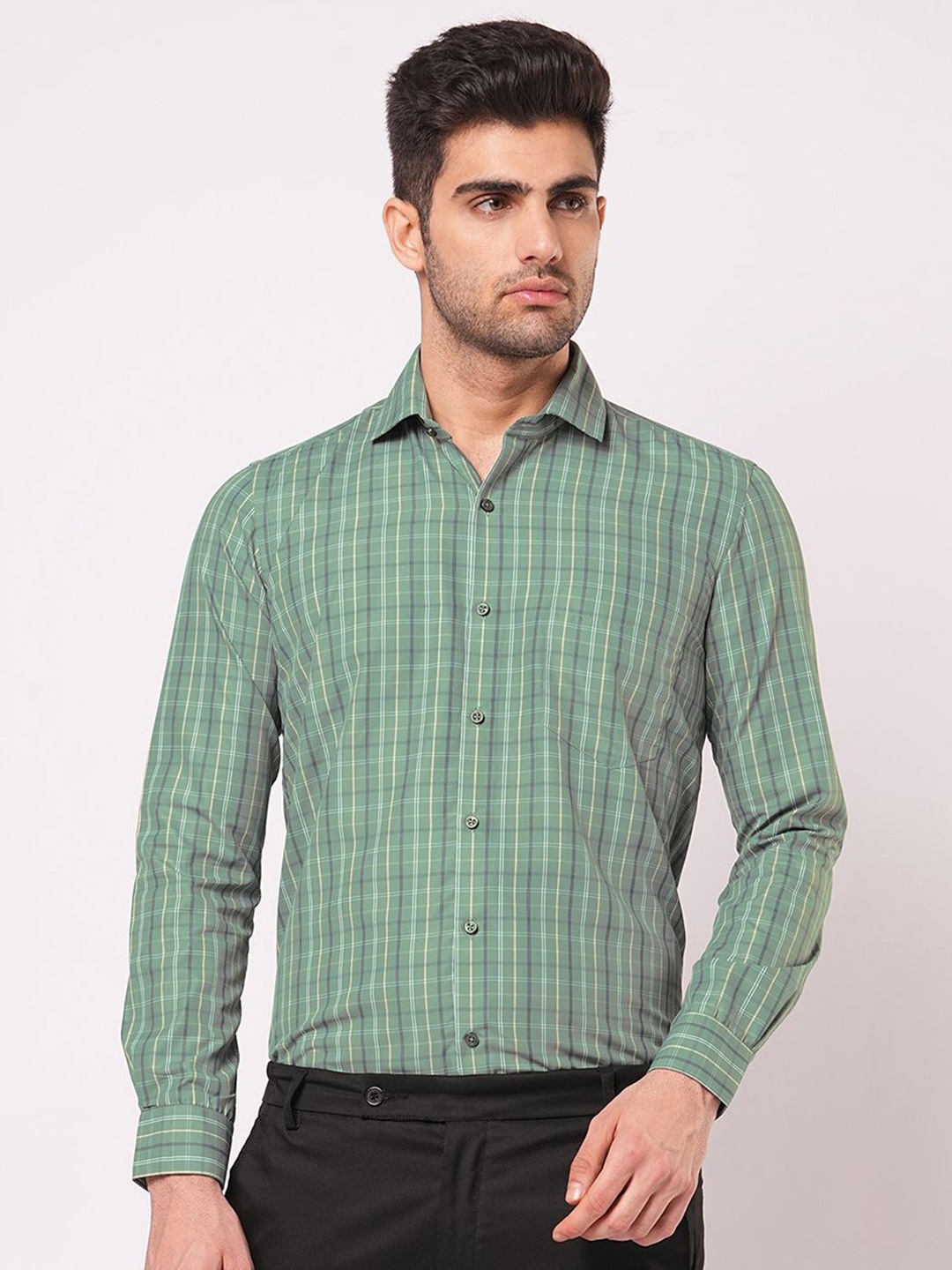 

John Philips Men Slim Fit Opaque Checked Casual Shirt, Green