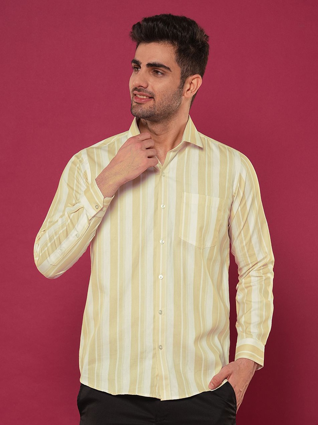 

John Philips Men Slim Fit Opaque Striped Casual Shirt, Yellow