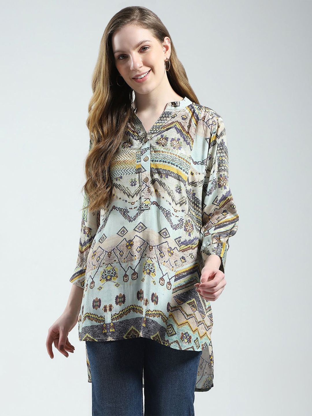 

Monte Carlo Mandarin Collar Printed Tunic, Blue