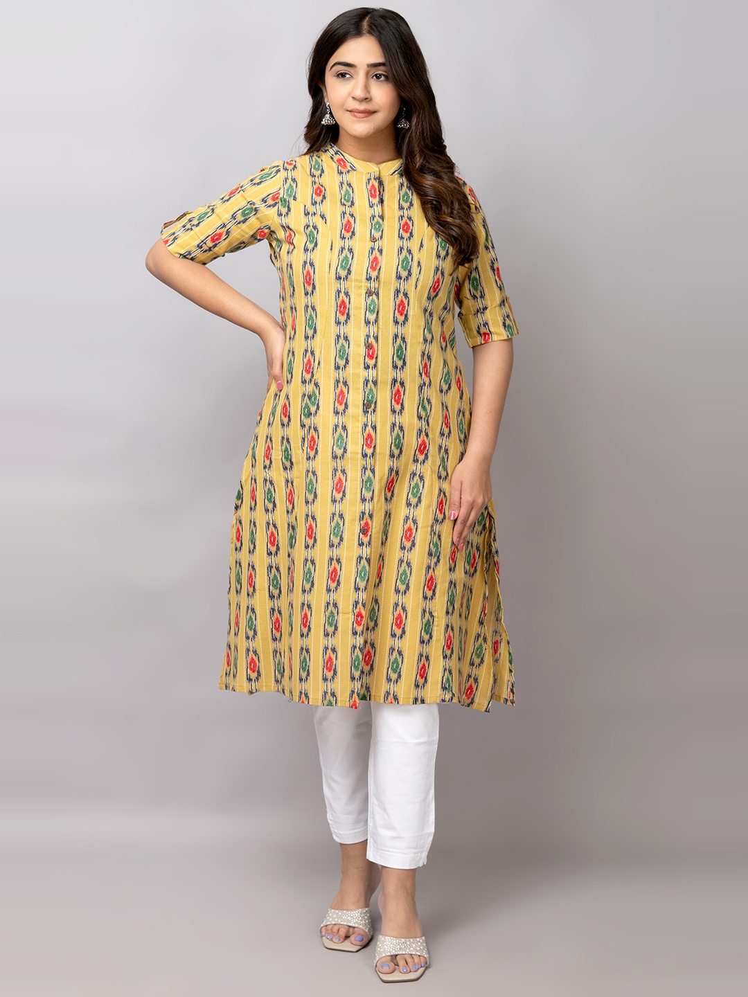 

TRIVEDI Printed Pure Cotton Mandarin Collar Ethnic A-Line Kurta, Yellow
