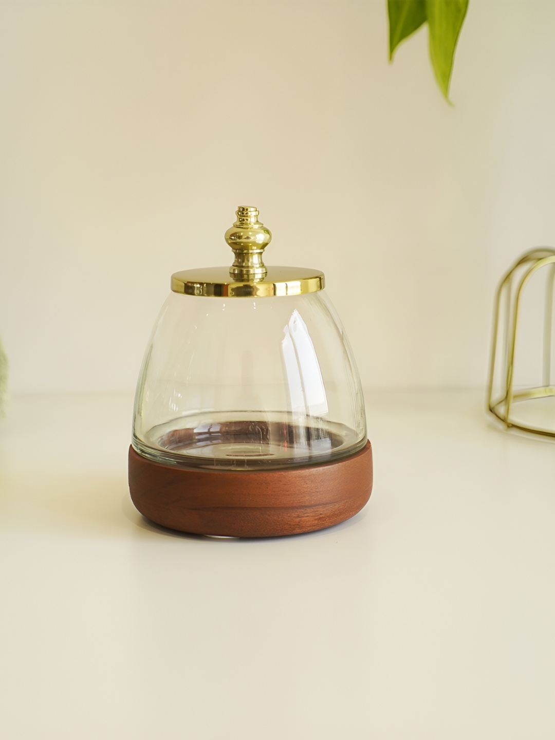 

WOODEN STREET Gold-Toned Glass With Wood Cotton Jar