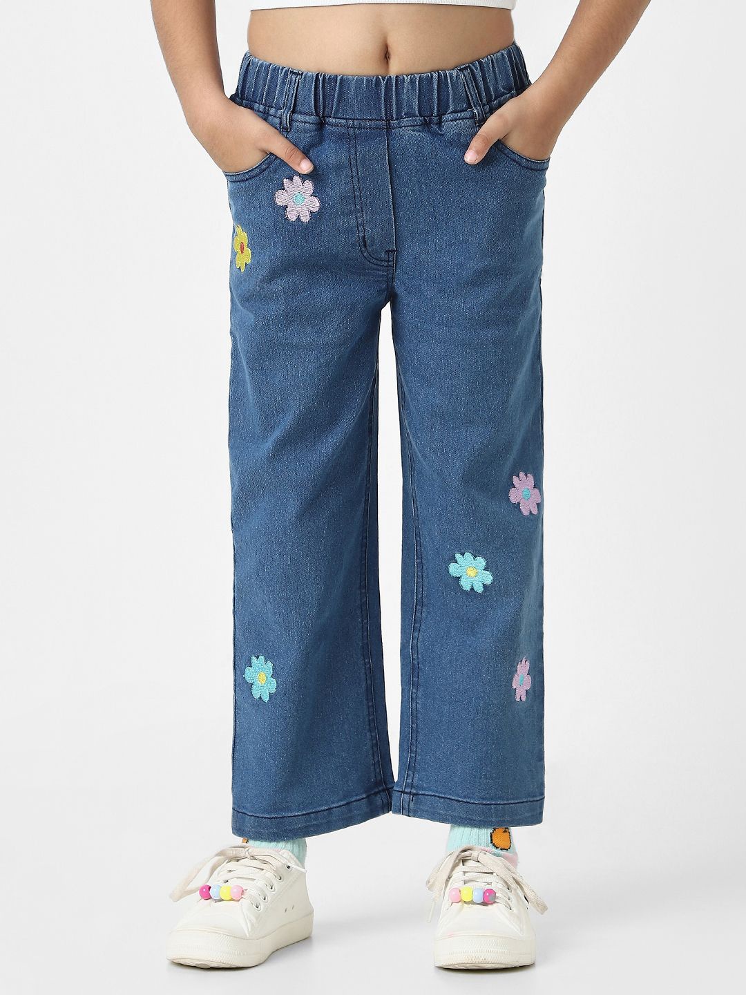 

Nauti Nati Girls Cotton Denim Jeans with Little Flower Appliques, Blue