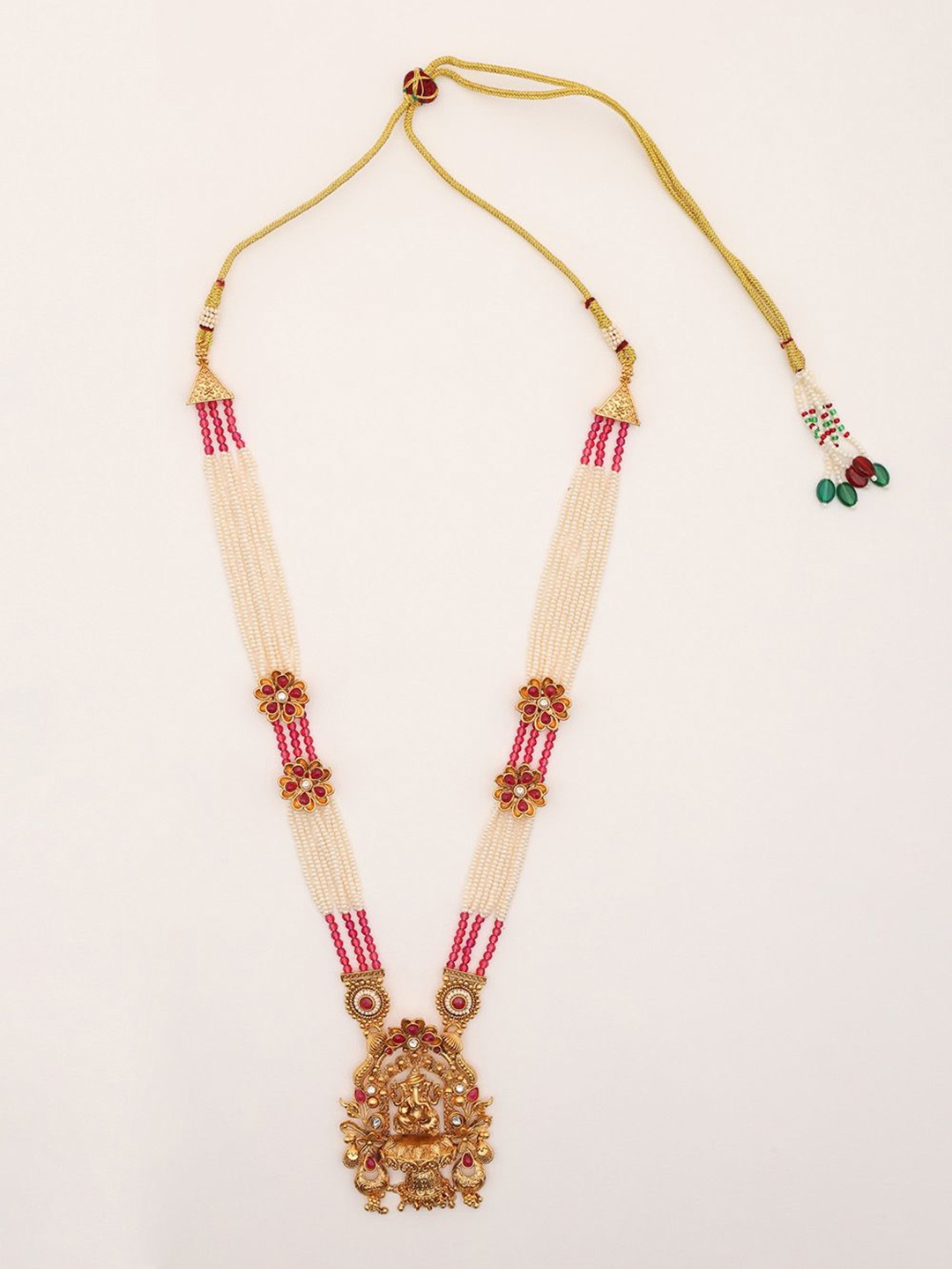 

Exotic India Stone Studded & Beaded Blessing Lord Ganesha Long Necklace & Earrings Set, Gold