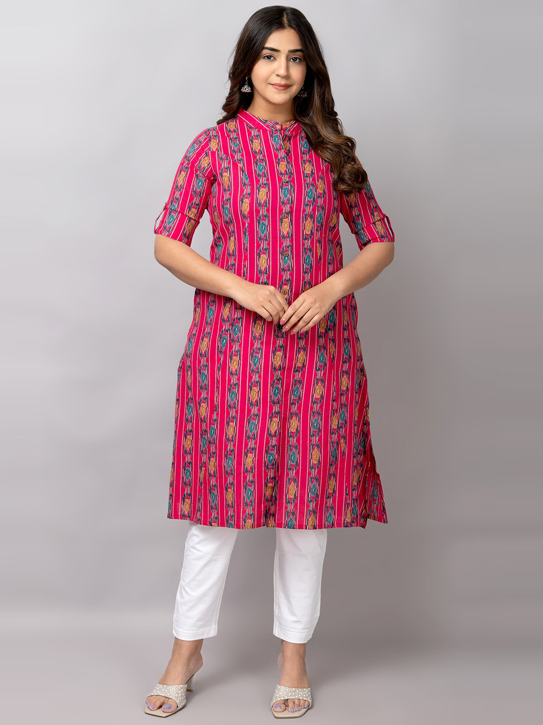 

TRIVEDI Printed Pure Cotton Mandarin Collar Ethnic A-Line Kurta, Pink