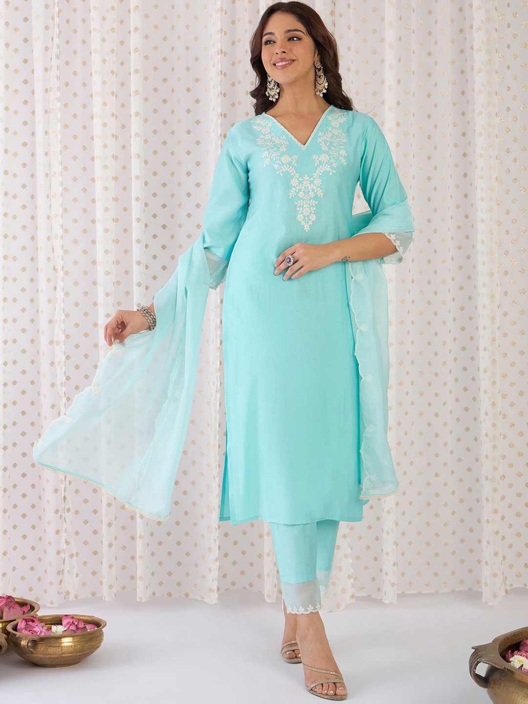 

Indo Era Floral Yoke Design Liva Straight Kurta With Trousers & Dupatta, Blue