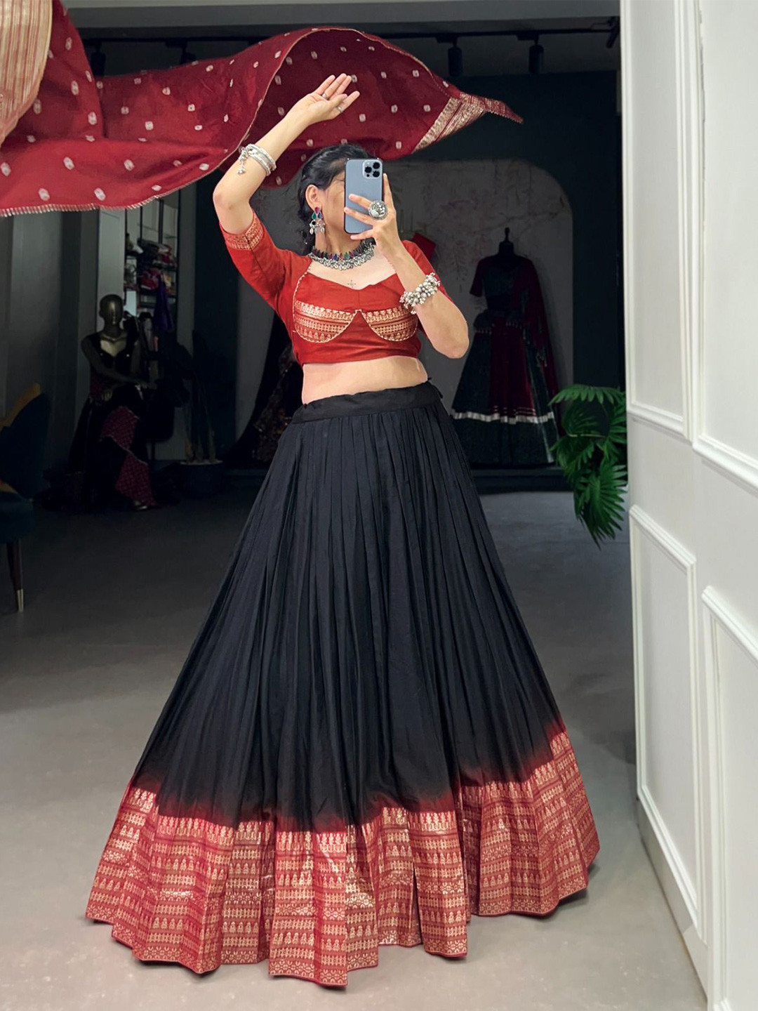 

RADHVI BIZ Printed Ready to Wear Lehenga & Semi-Stitched Blouse With Dupatta, Black