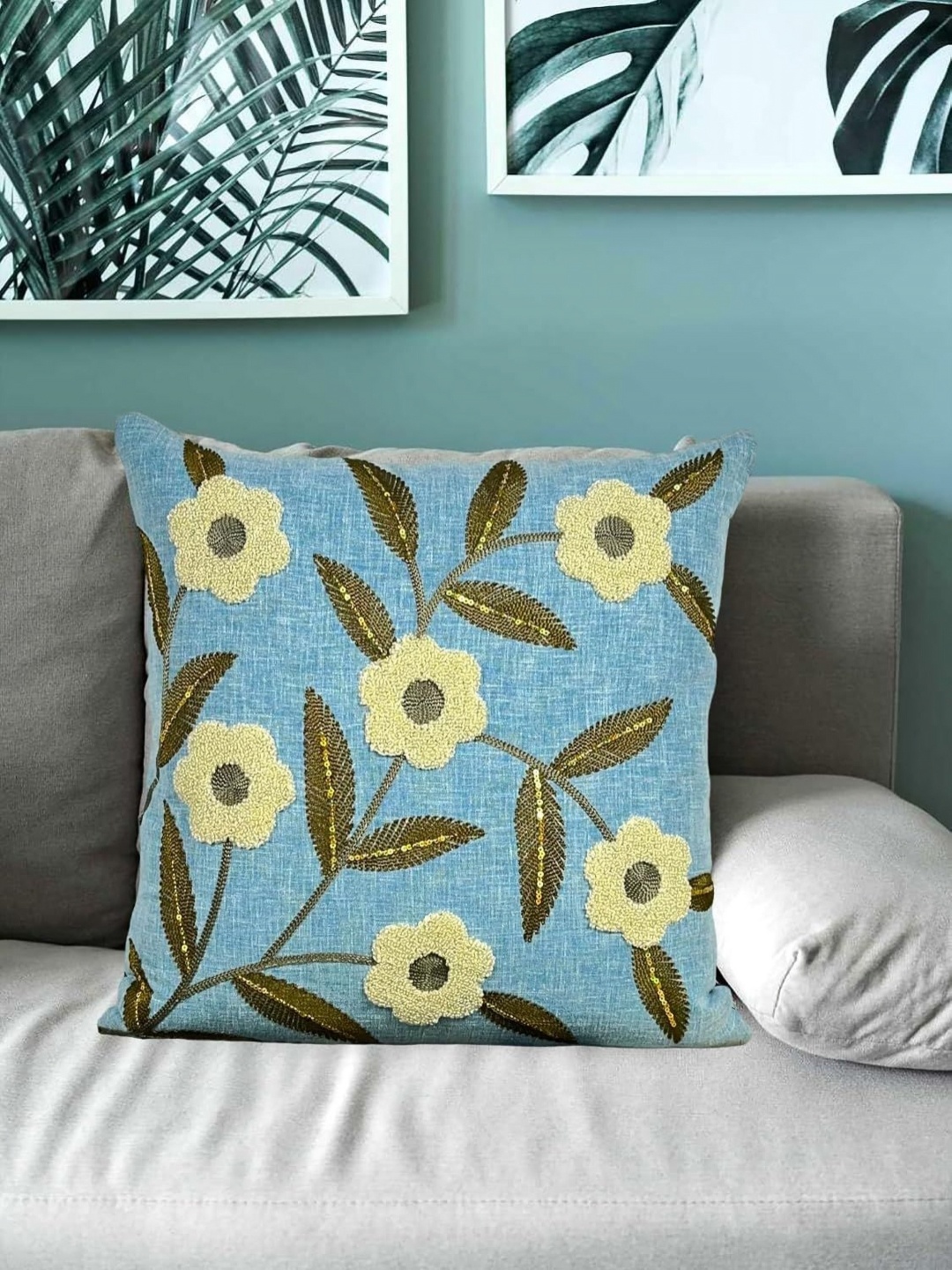 

MONKDECOR Teal Floral Linen Square Cushion Covers
