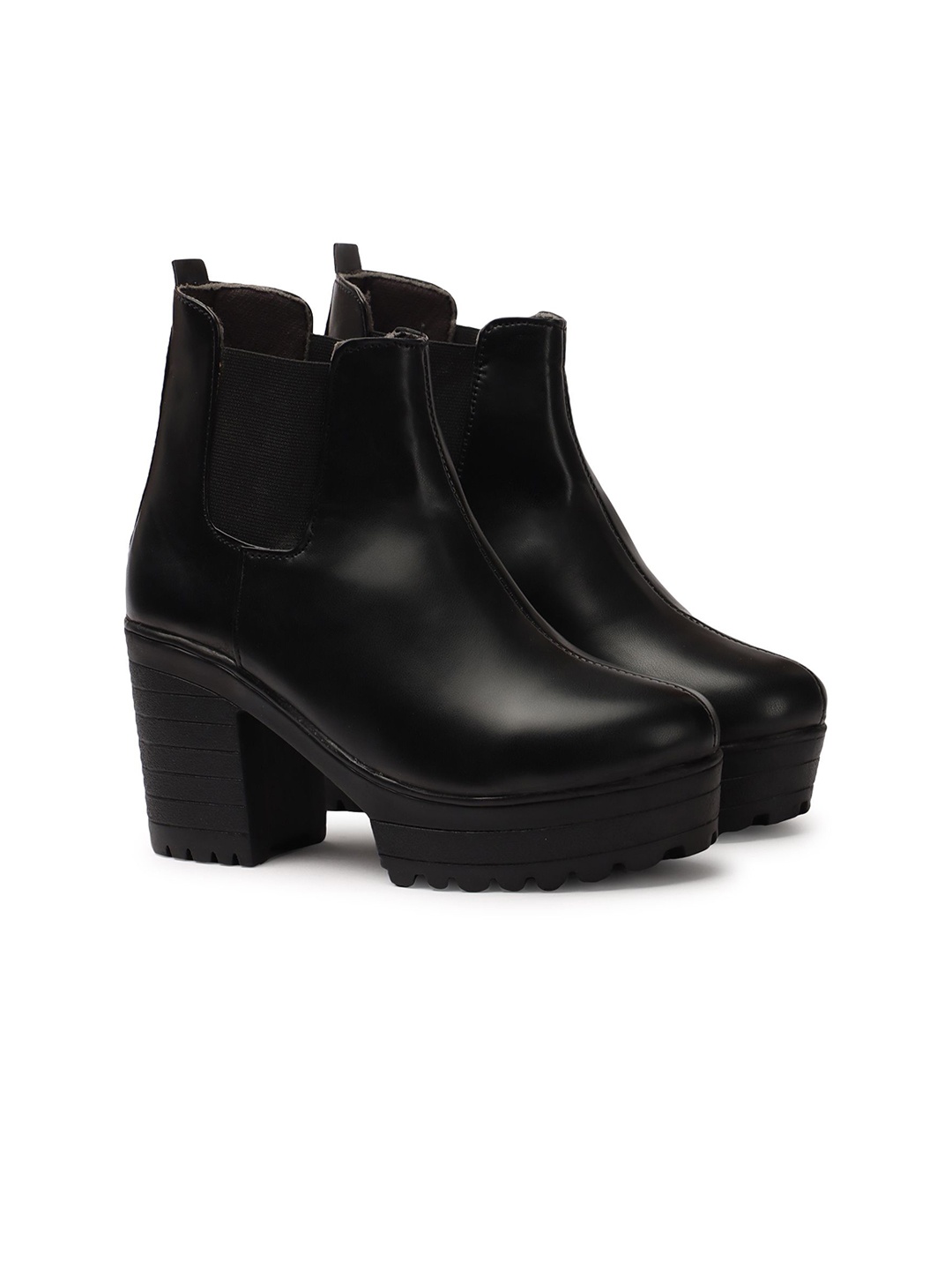 

STRASSE PARIS Women Mid-Top Ankle Height Round Toe Block Heeled Chelsea Boots, Black