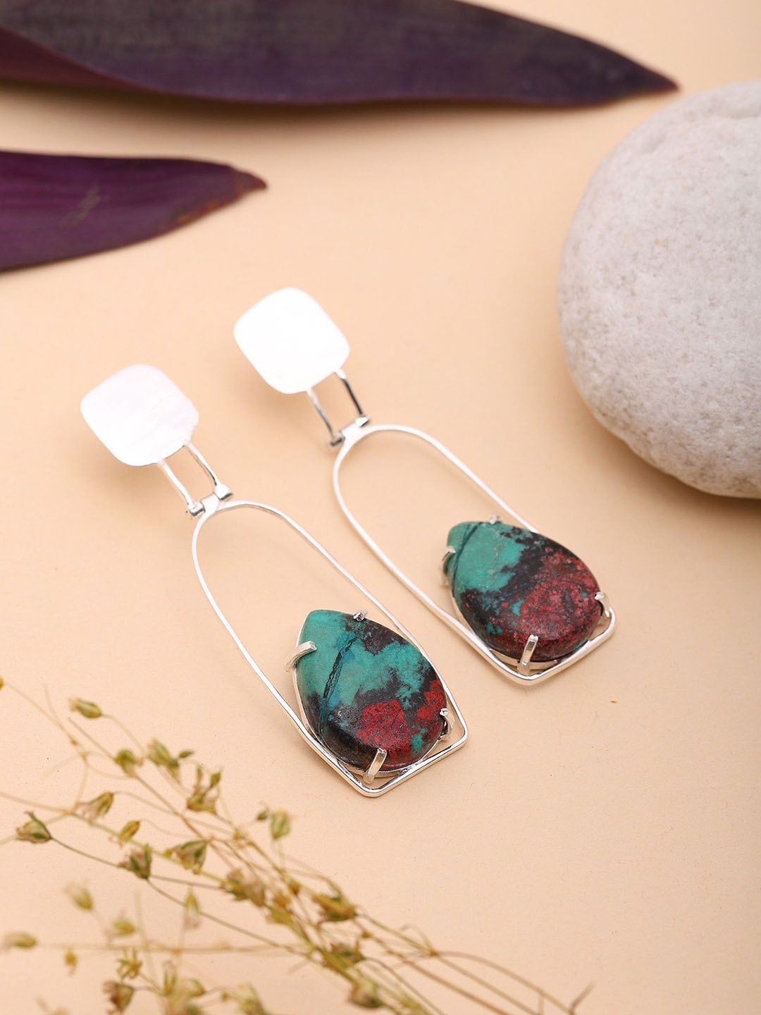 

Exotic India Sterling Silver-Plated Gemstone Studded Contemporary Drop Earrings