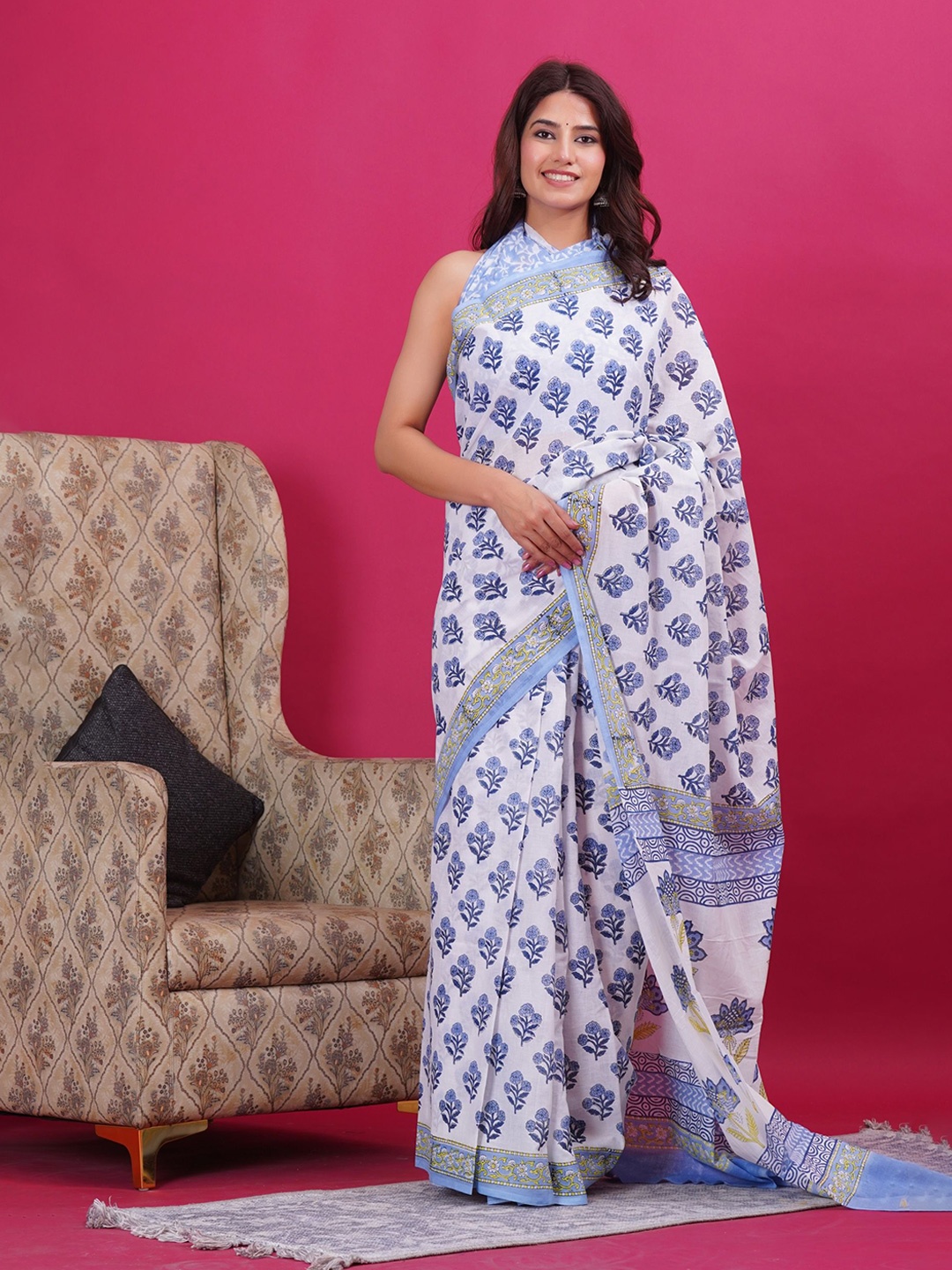 

Vanedik Floral Pure Cotton Block Print Saree, Blue