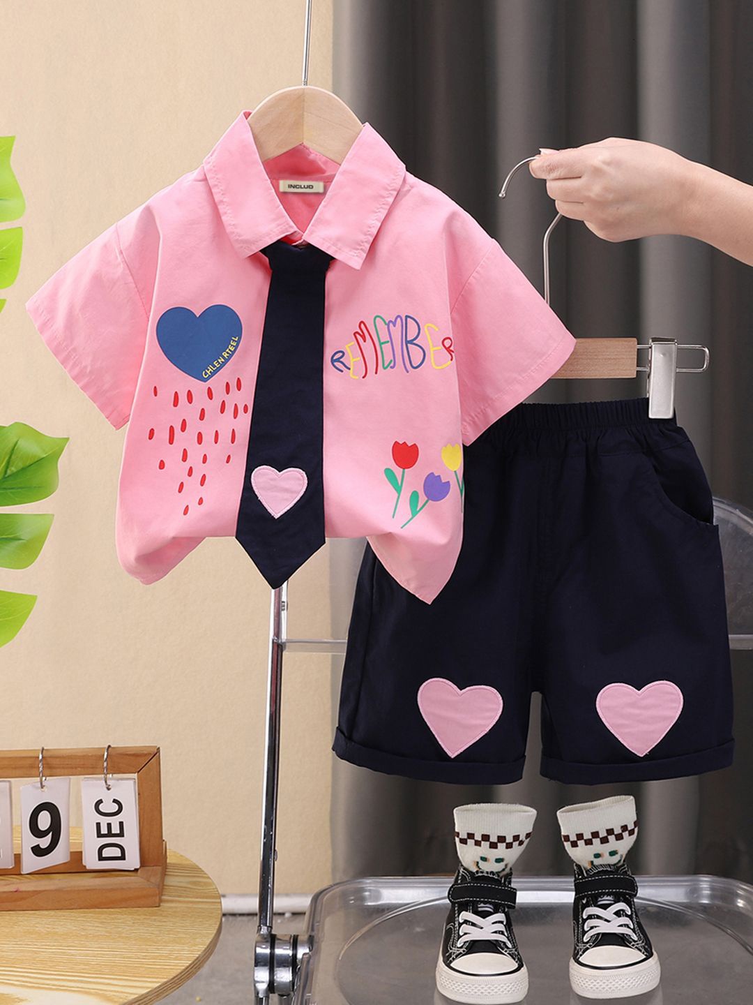 

INCLUD Boys Printed Short Sleeves Shirt With Attached Tie & Shorts, Pink