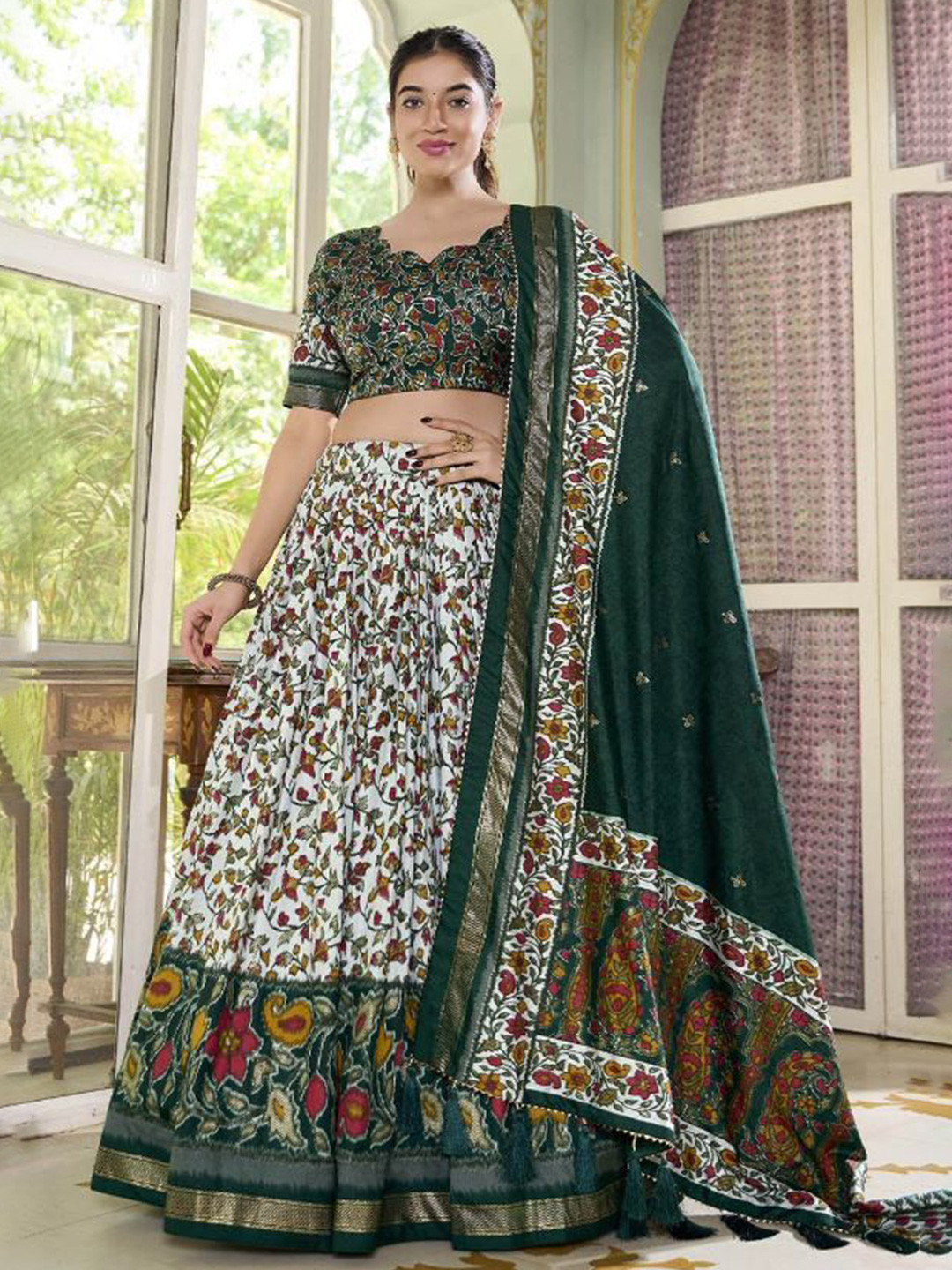 

RADHVI BIZ Printed Silk Lehenga With Semi-Stitched Blouse & Dupatta, Green