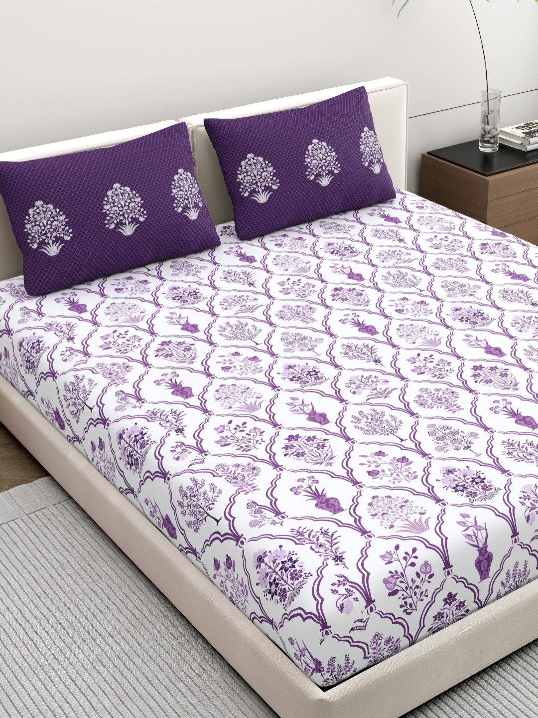 

Home Ecstasy Purple & White Floral 140 TC Cotton Queen Bedsheet Set 2.20 m x 2.39 m