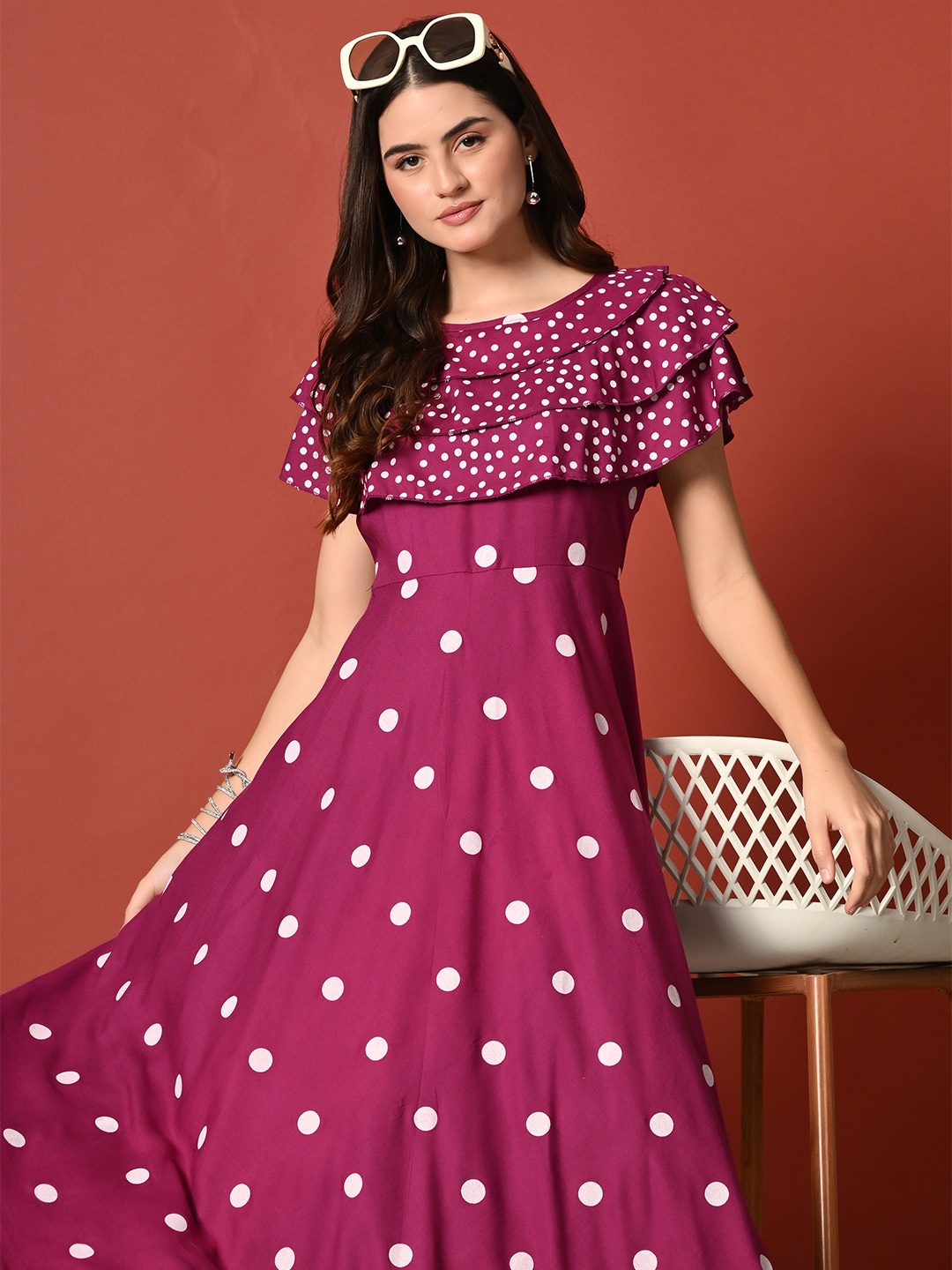 

ao services Women Polka Dot Printed Thread Work Anarkali Kurta, Purple