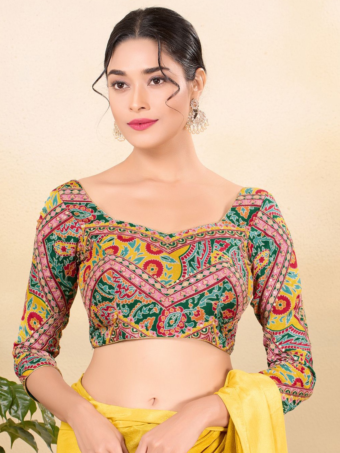 

VAMAS - THE DESIGNER BLOUSES Printed Sequinned Brocade Sweetheart-Neck Padded Saree Blouse, Green