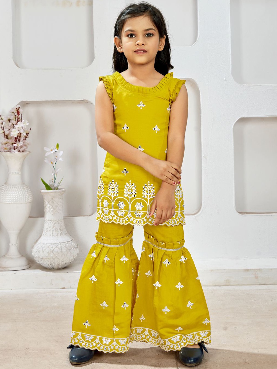 

JOVK DESIGN Girls Floral Embroidered Regular Top with Sharara, Mustard