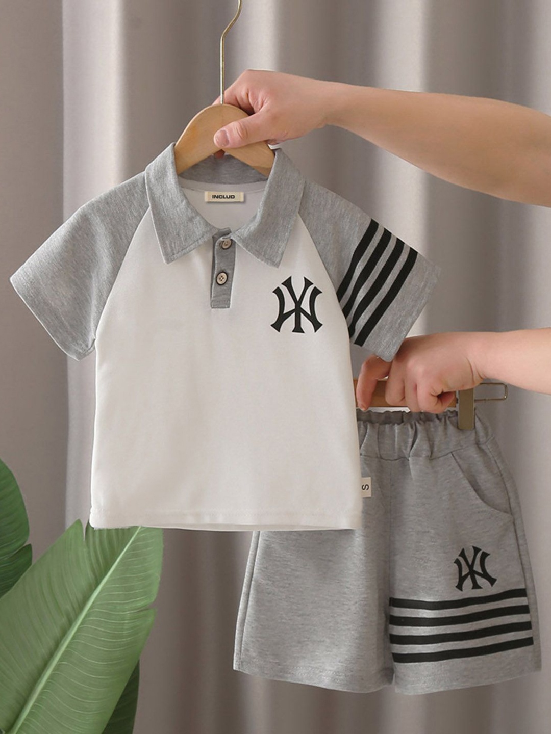 

INCLUD Boys Printed Polo Collar T-shirt With Shorts, Grey
