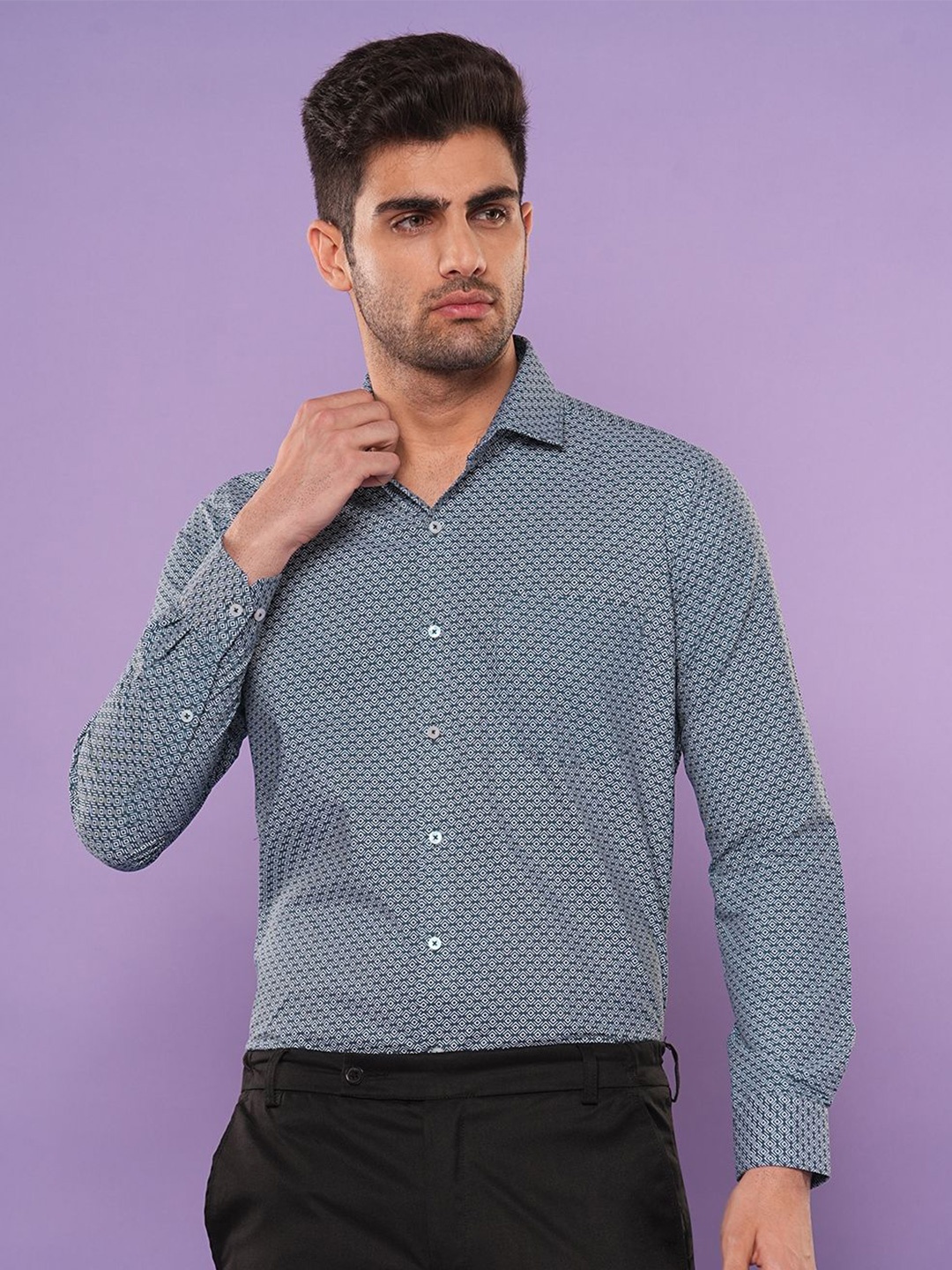 

John Philips Men Slim Fit Opaque Printed Casual Shirt, Blue