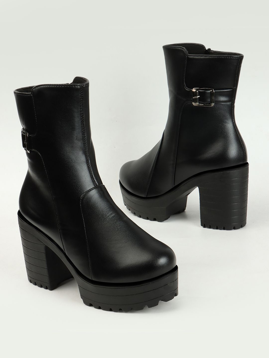 

STRASSE PARIS Women Buckle Ankle Boots Zipper Block High Heels Boots, Black