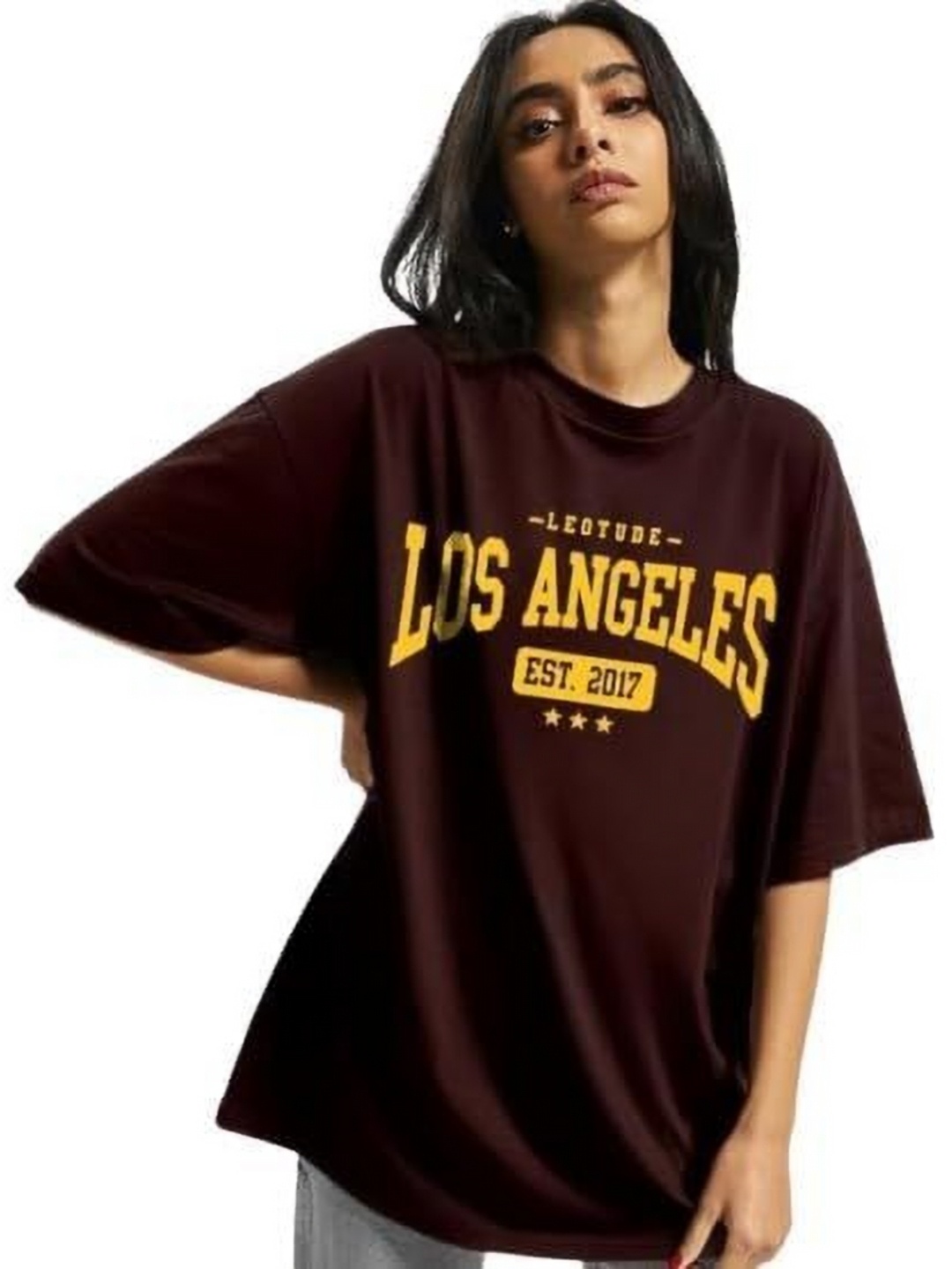 

PAKLON Women Typography Printed Linen Blend Applique T-shirt, Maroon