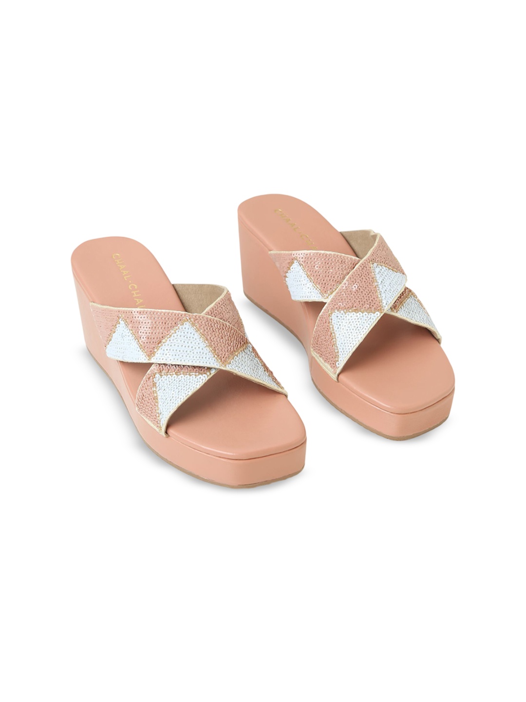 

CHAAL CHALAN Printed PU Party Wedge Sandals, Pink