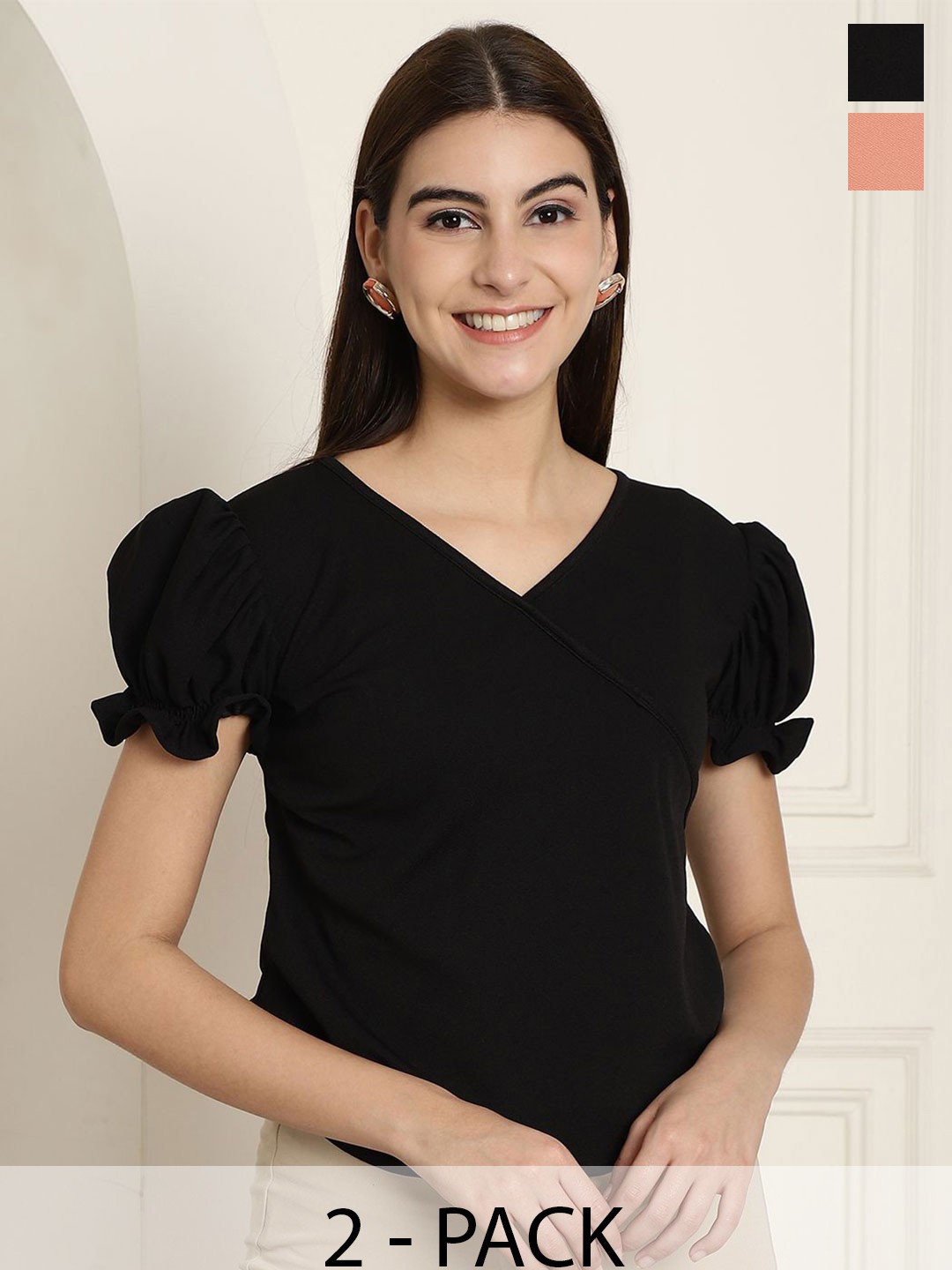 

Tromko Women Square Neck Puff Sleeve Top, Black