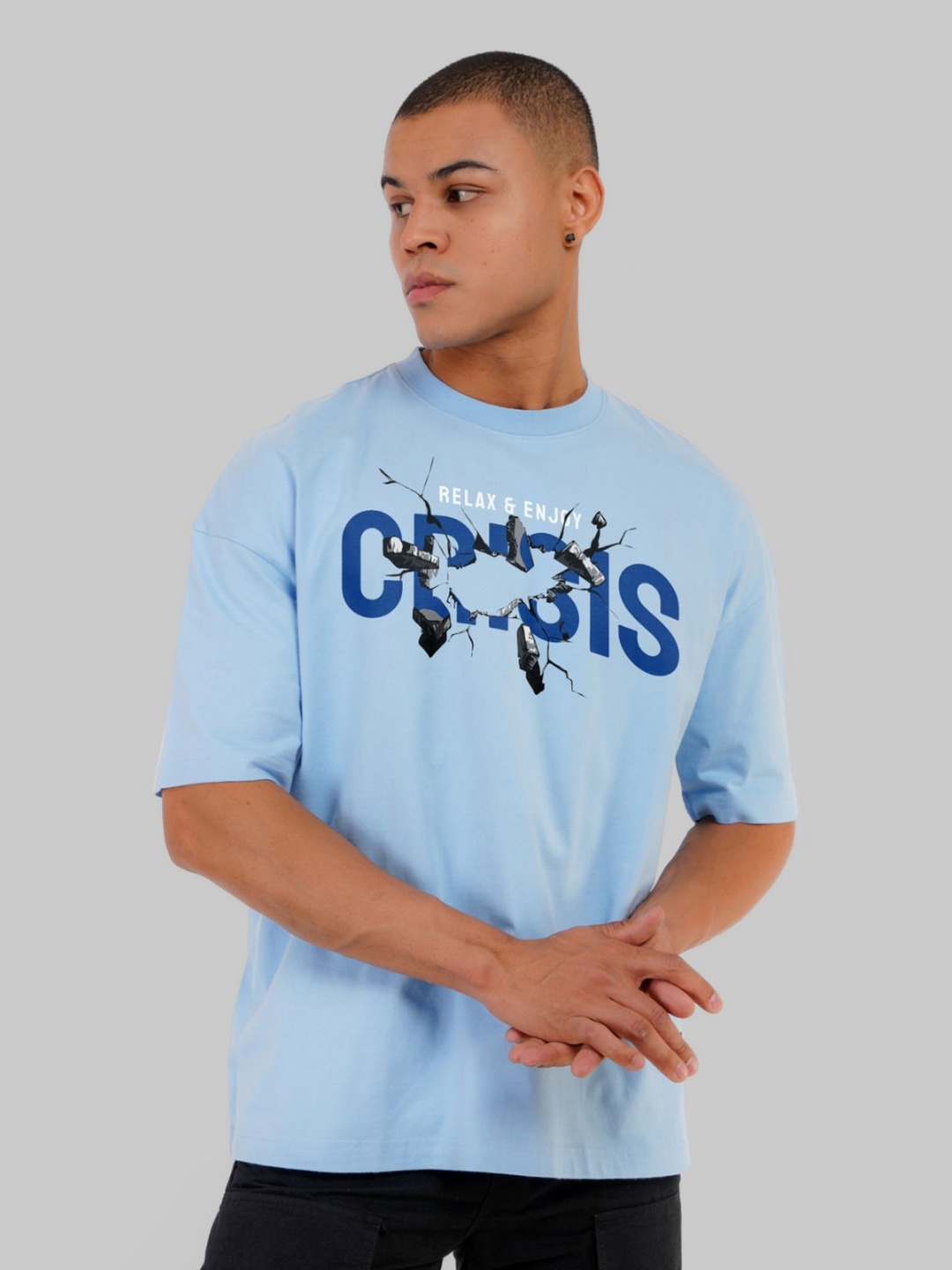 

Underrated Club Men Printed Mandarin Collar Bio Finish Raw Edge T-shirt, Blue