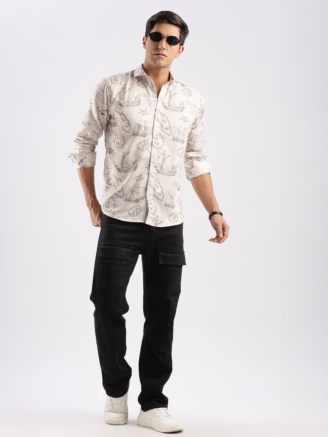 

RICH & ROMAN Men Classic Opaque Printed Semiformal Shirt, Cream