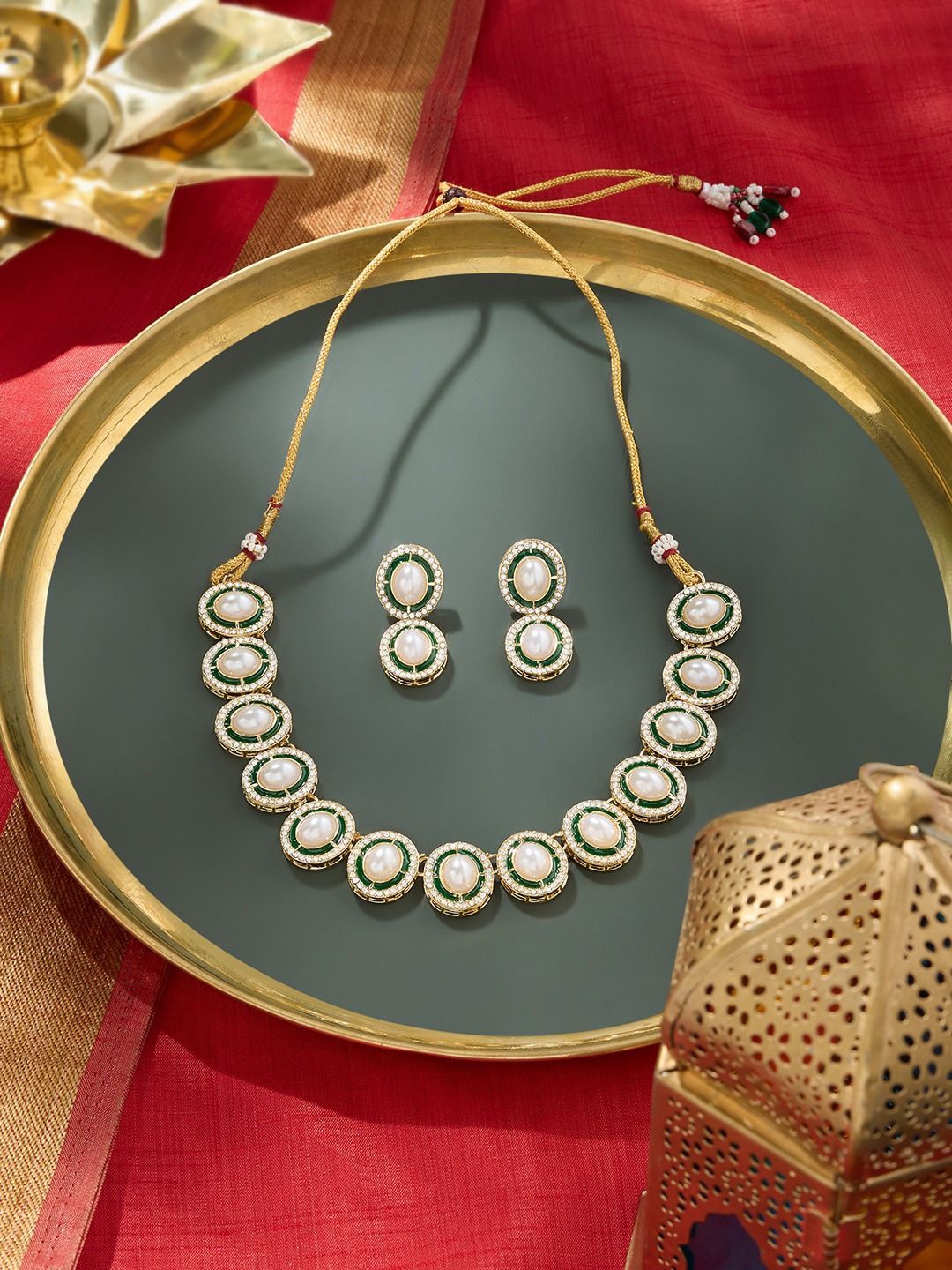 

Zaveri Pearls Gold-Plated Austrian Diamonds & Pearls Studded Meenakari Jewellery Set