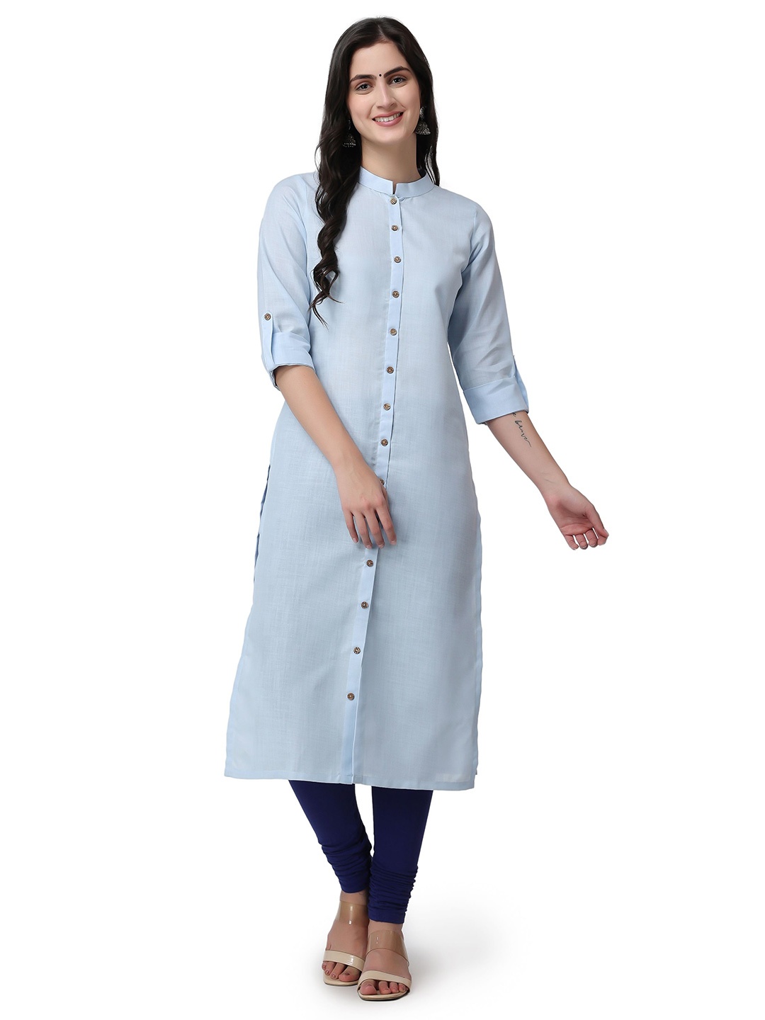 

ZARISTAA Pure Cotton Mandarin Collar Ethnic A-Line Kurta, Blue