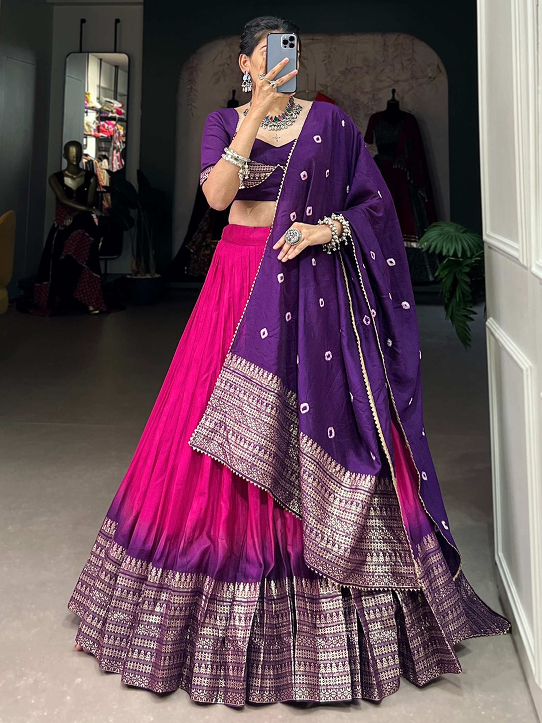 

RADHVI BIZ Ethnic Motifs Printed Lehenga & Semi-Stitched Blouse With Dupatta, Pink