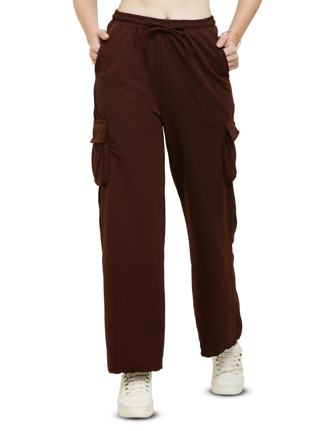 

KISURA Women Relaxed Flared High-Rise Cargos Trousers, Brown