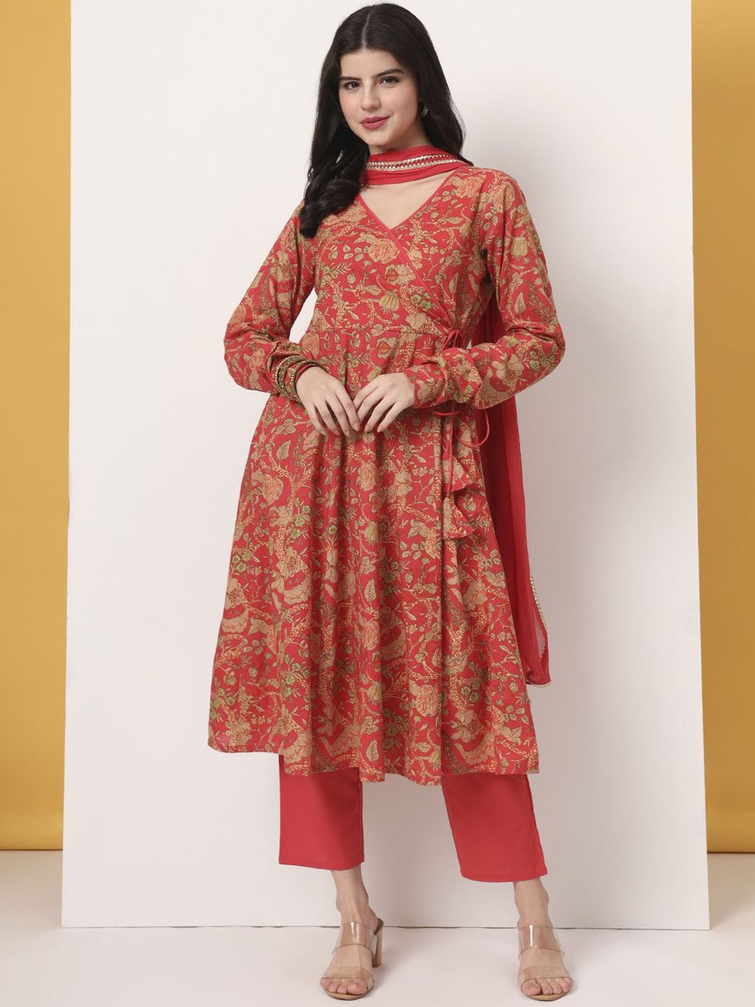 

Yufta Women Floral Printed Angrakha Pure Cotton Kurta with Trousers & With Dupatta, Red