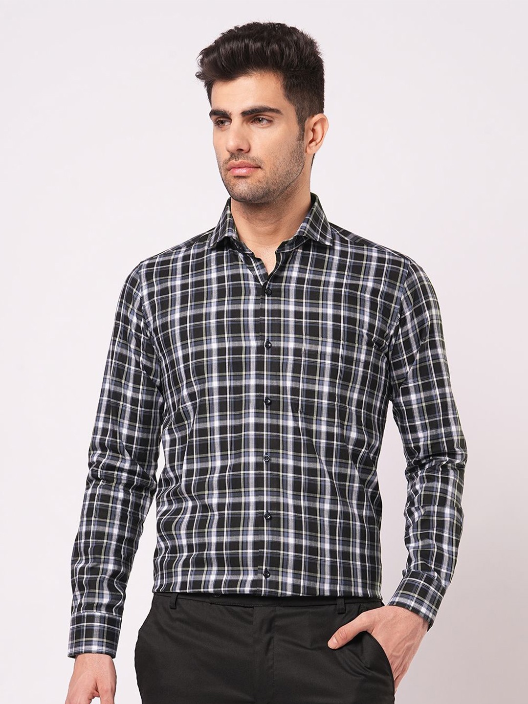 

John Philips Men Slim Fit Tartan Checks Opaque Checked Casual Shirt, Black