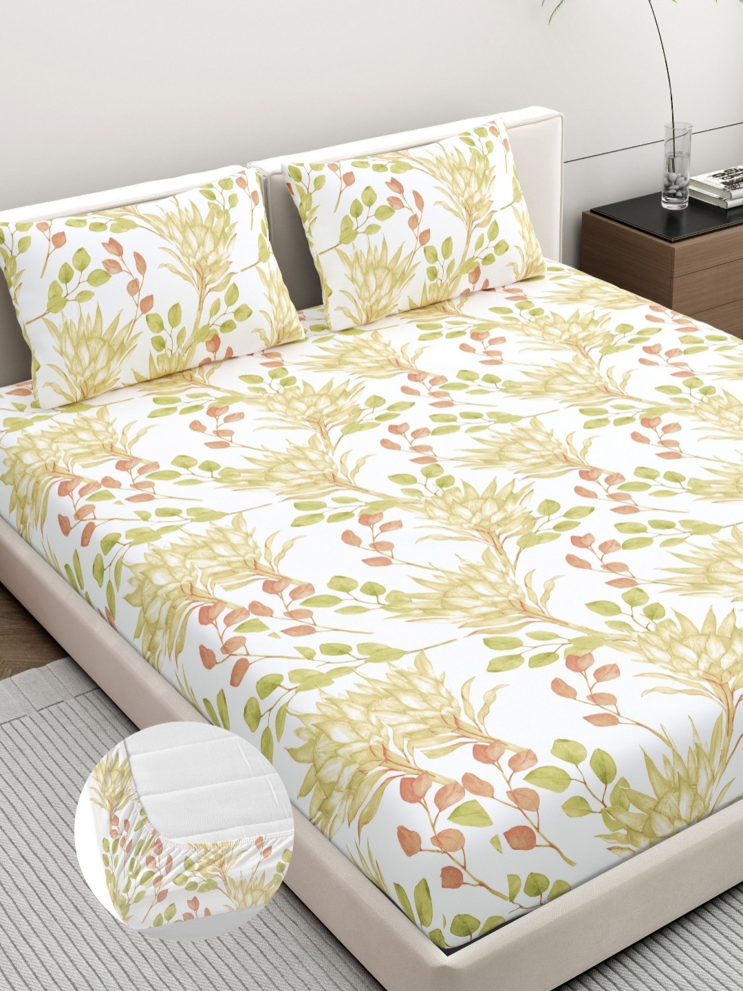 

Home Ecstasy White & Beige Floral 140 TC Cotton King Bedsheet Set 1.83 m x 1.98 m