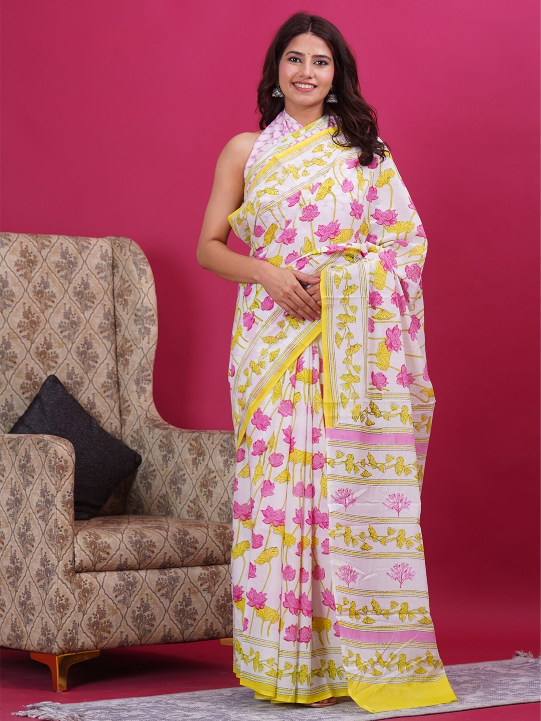 

Shivanya Womens Handicrafts Floral Pure Cotton Block Print Saree, Pink