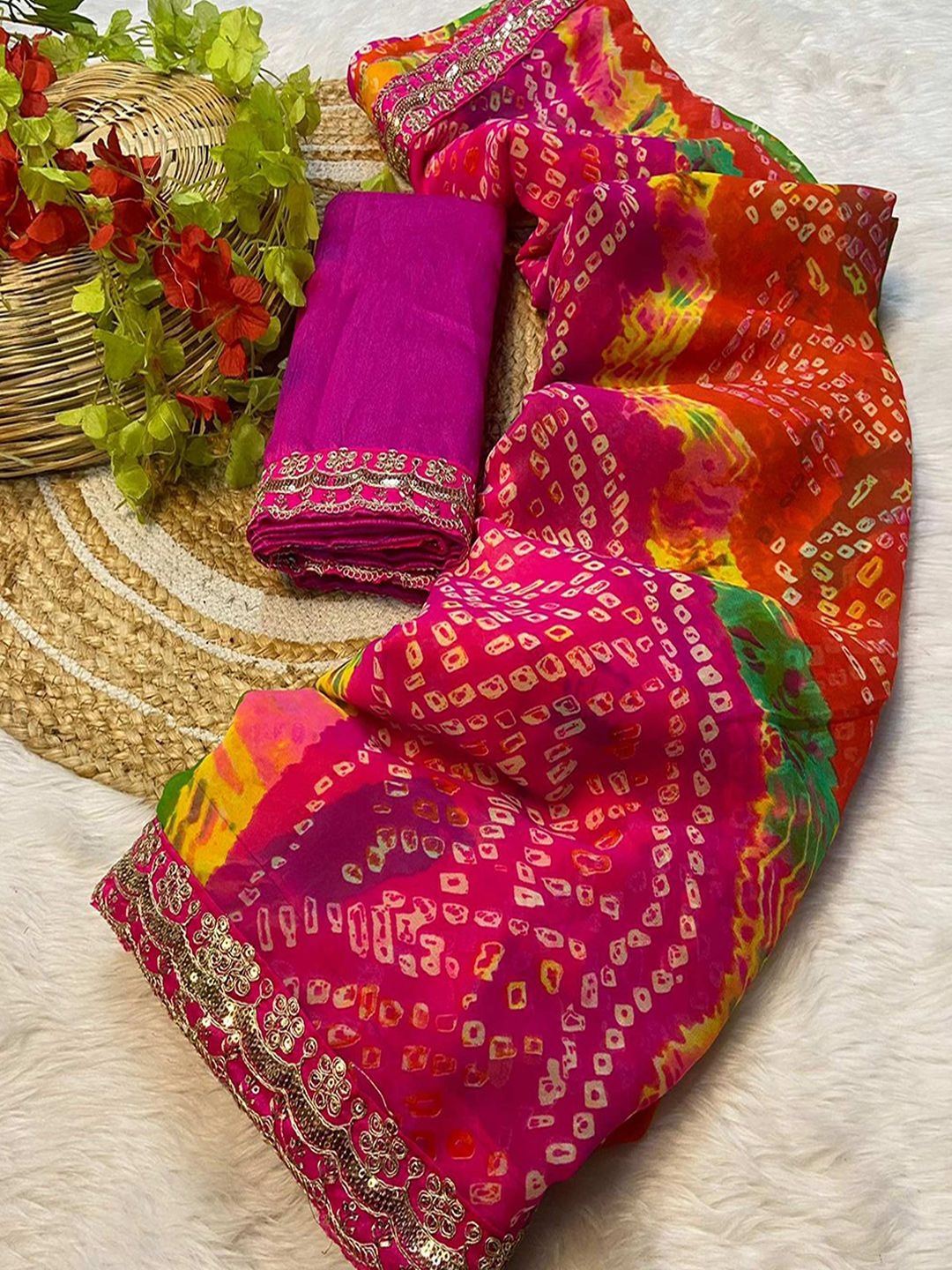 

Peachmode Bandhani Embroidered Pure Georgette Saree, Pink
