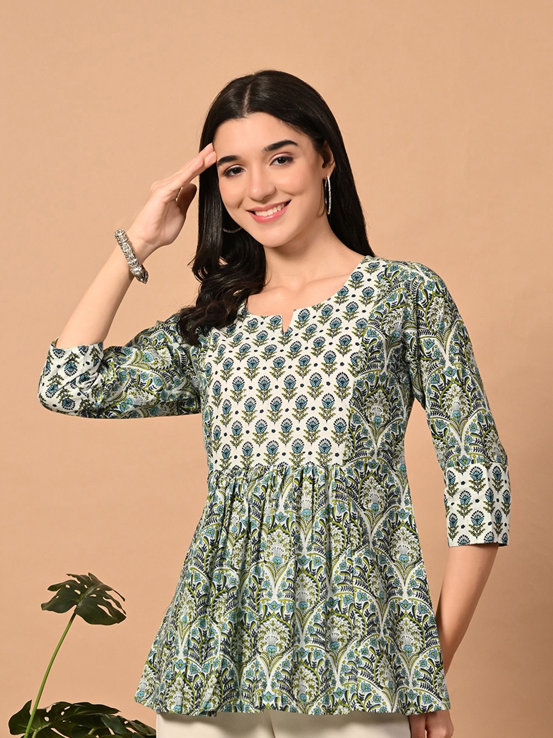 

Aktasa Ethnic Motifs Print Cotton Peplum Top, White