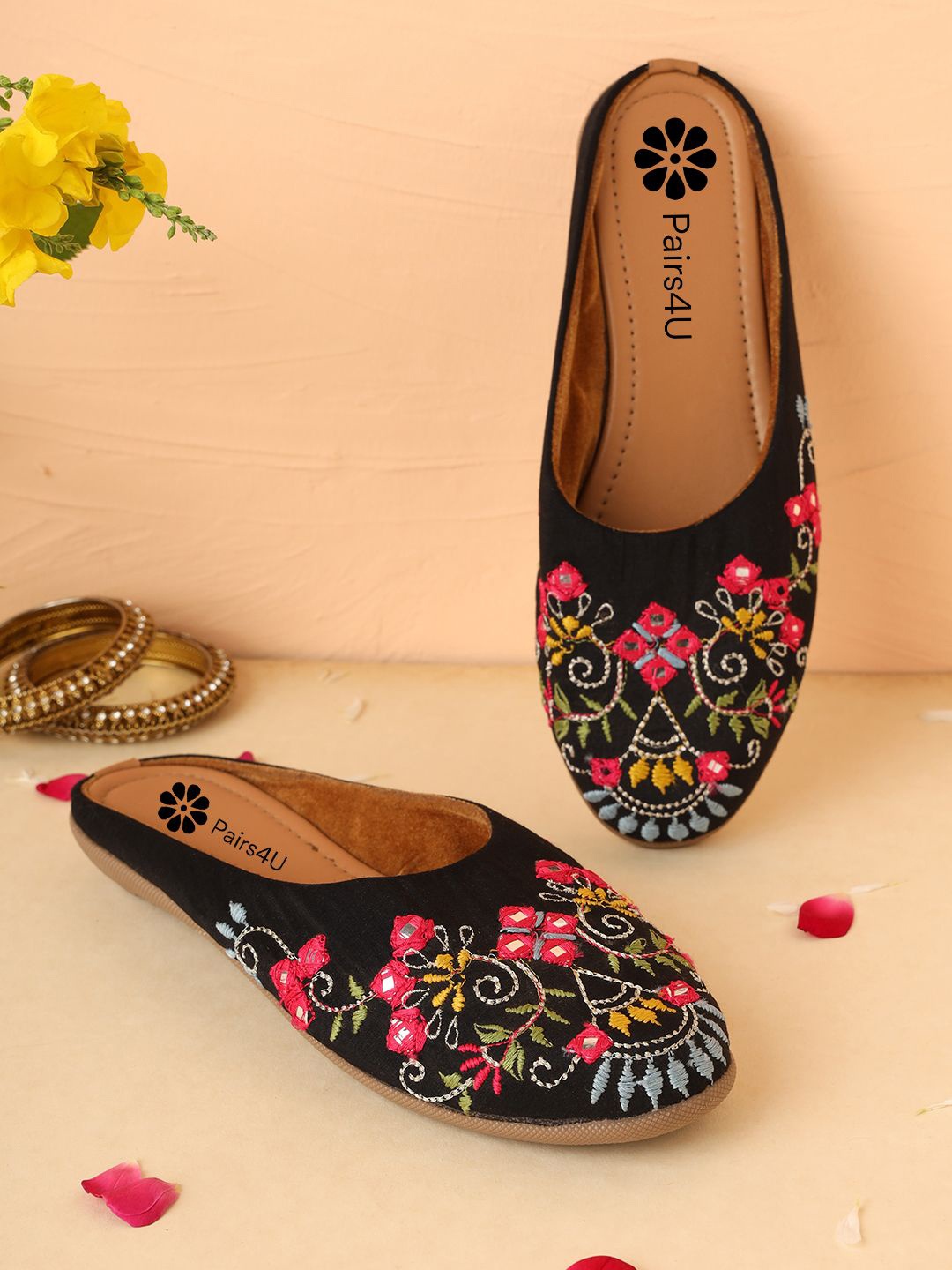 

Pairs4U Women Embellished Ethnic Mojaris with Embroidered Flats, Black