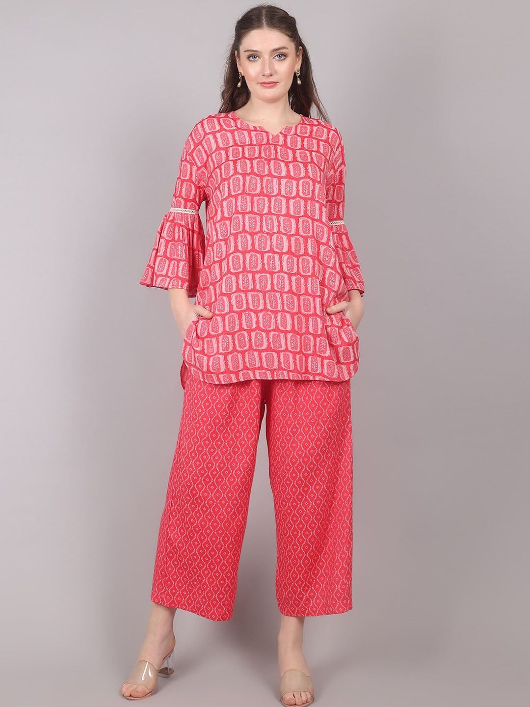 

Gargistyle Printed Notch Neck Pure Cotton Tunic & Palazzo, Red